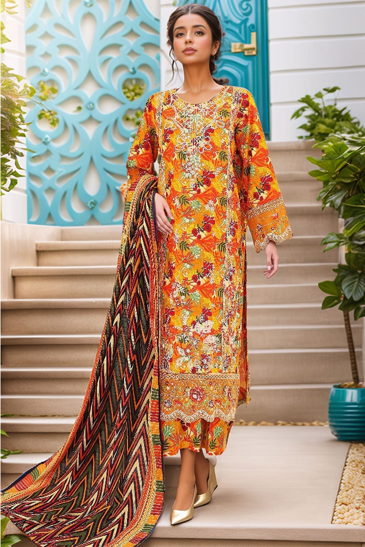 Bin Saeed Stitched 3 Piece Chikankari Emb Khaddar Collection'2024-WK-1113-Multi