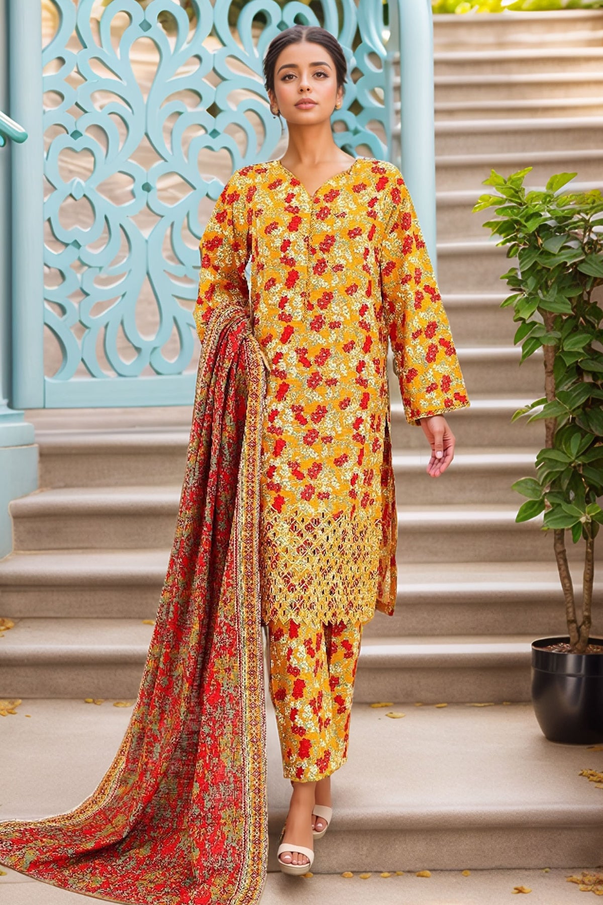 Bin Saeed Stitched 3 Piece Chikankari Emb Khaddar Collection'2024-WK-1103-Yellow