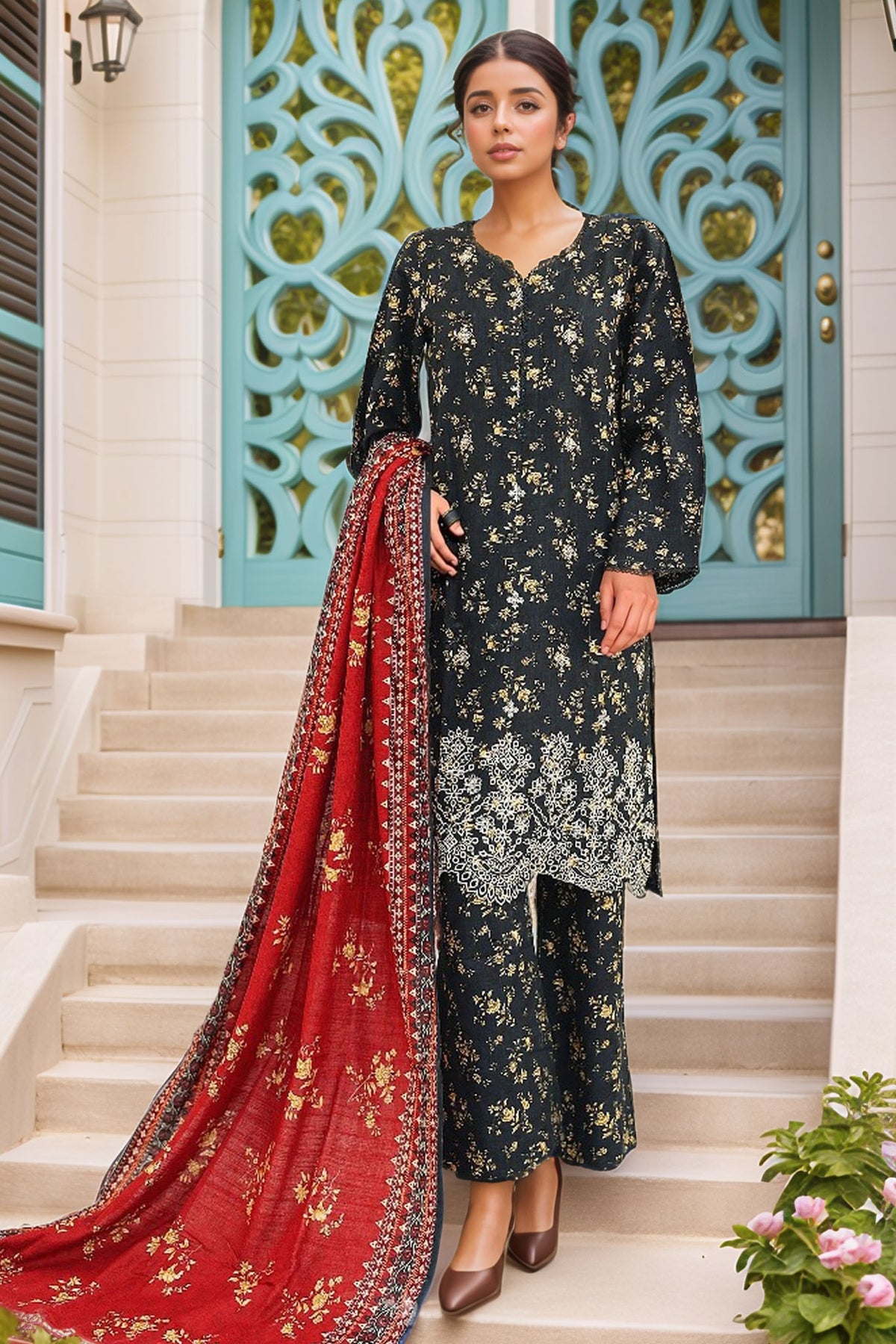 Bin Saeed Stitched 3 Piece Chikankari Emb Khaddar Collection'2024-WK-1101-Black