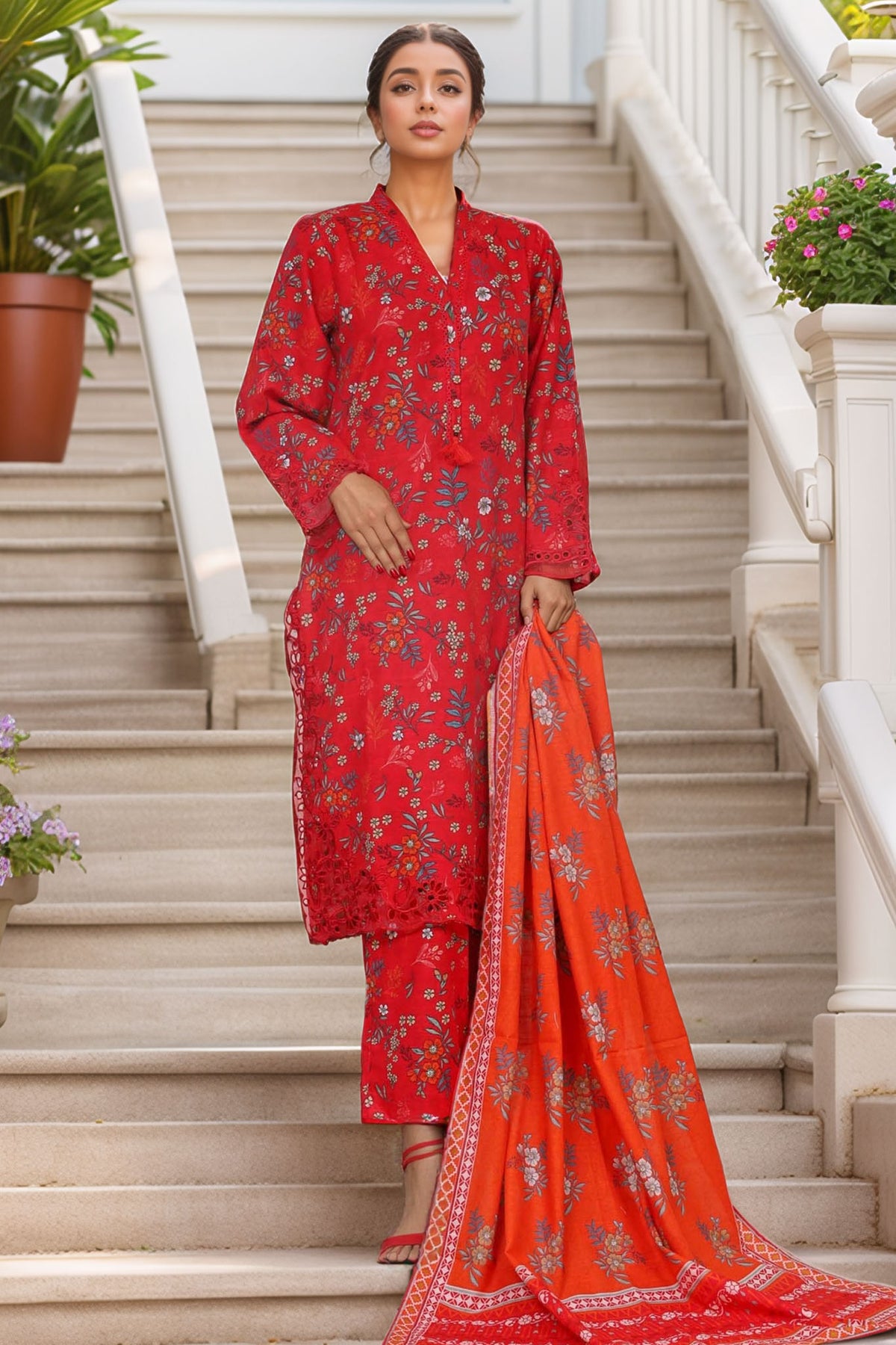 Sada Bahar Stitched 3 Piece Emb Cutwork Khaddar Collection'2023-CW-7872-Red