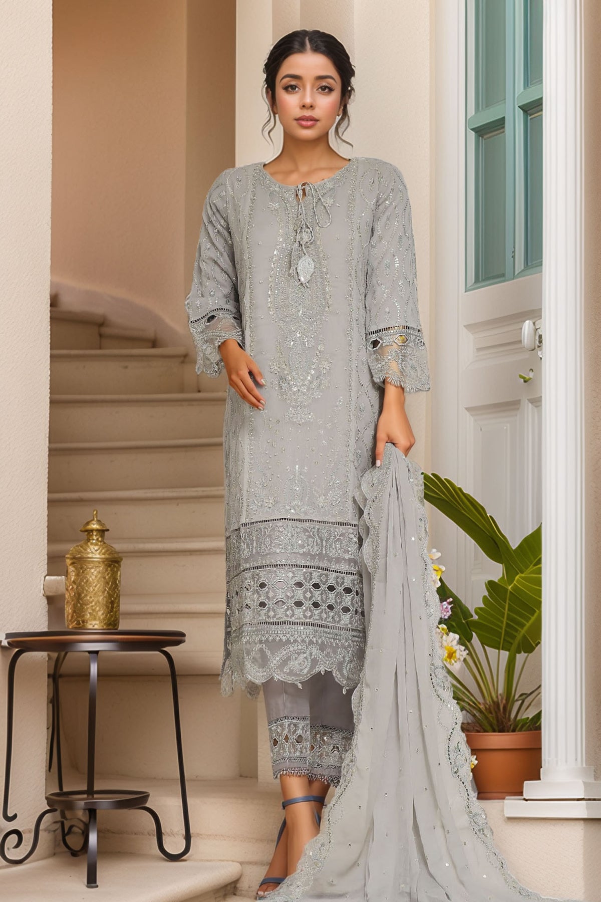 Afsany by Sada Bahar Stitched 3 Piece Luxury Chiffon Vol-11 Collection'2024-Coral Grey