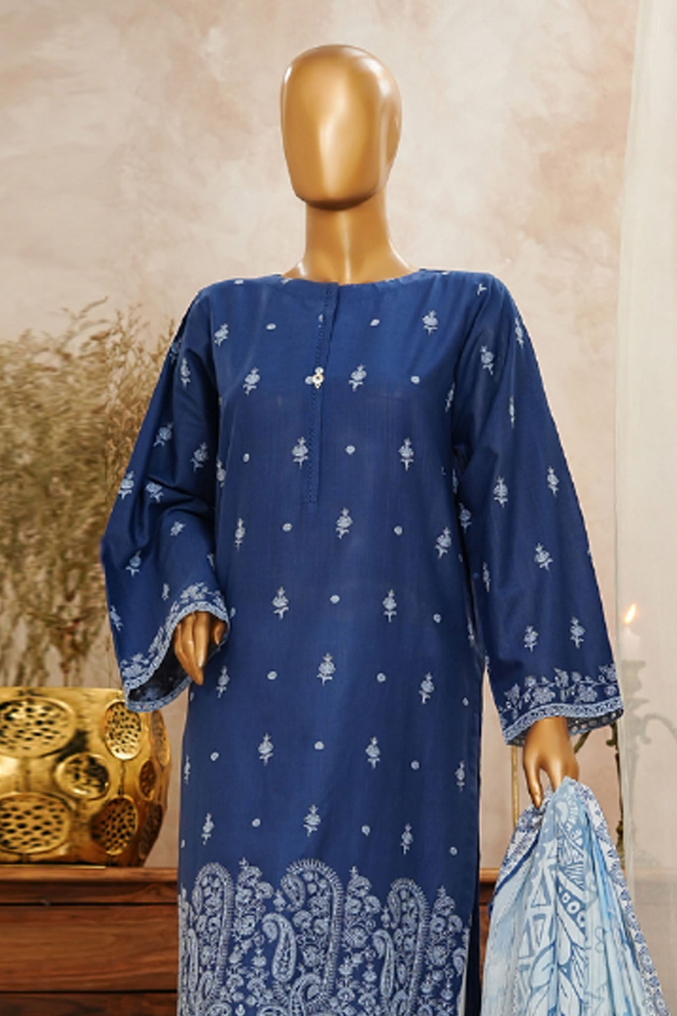 HZ Stitched 3 Piece Solid Emb Chikankari Collection'2025-SSPE-3P-003-NAVY