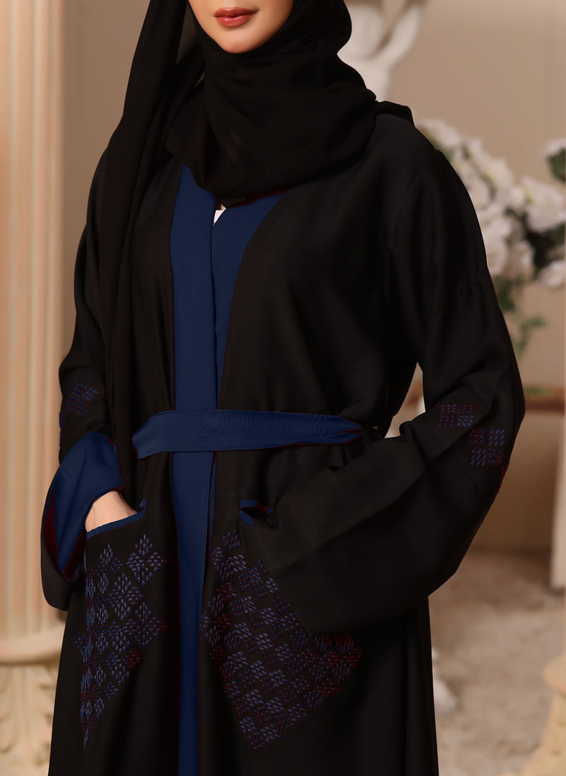 Hijab Ul Hareem Black and Blue Machine Embroidery Nida Fabric Front Open Abaya - 0116-K-300