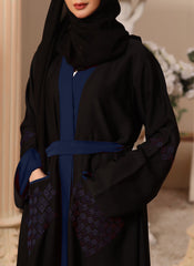 Hijab Ul Hareem Black and Blue Machine Embroidery Nida Fabric Front Open Abaya - 0116-K-300
