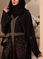 Hijab Ul Hareem Black and Brown Machine Embroidery Nida Fabric Front Open Abaya - 0116-K-300
