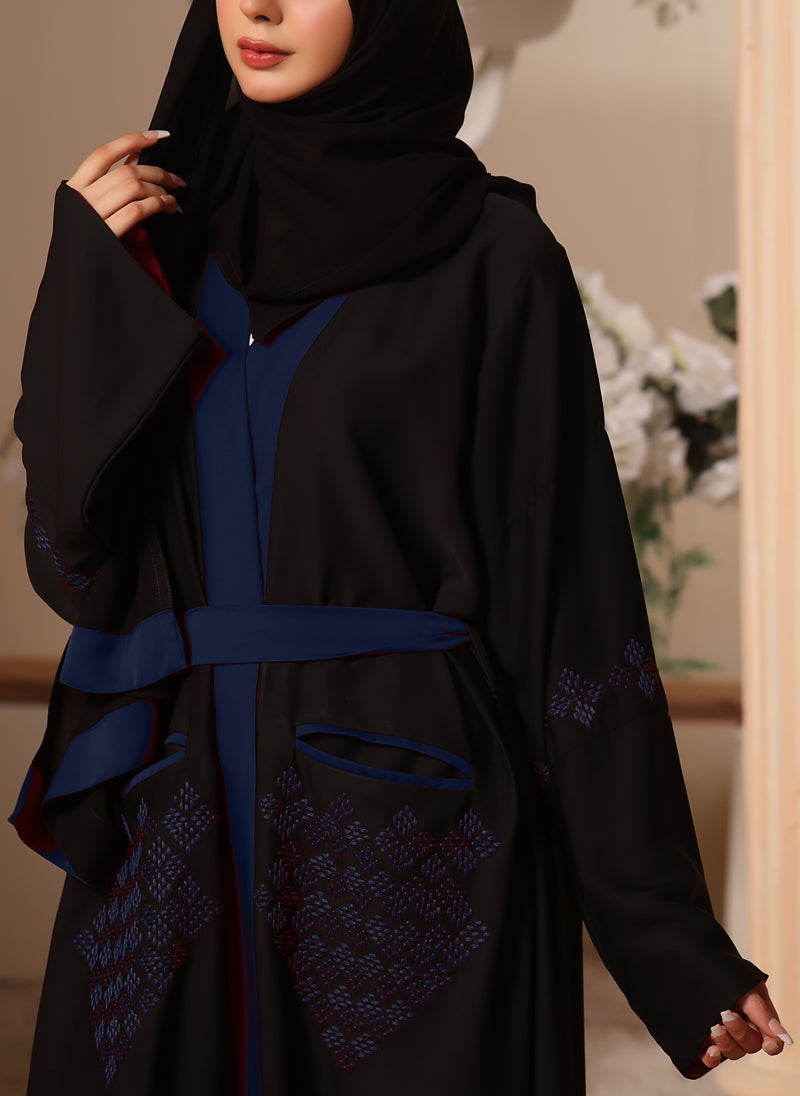 Hijab Ul Hareem Black and Blue Machine Embroidery Nida Fabric Front Open Abaya - 0116-K-300
