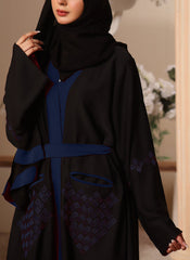 Hijab Ul Hareem Black and Blue Machine Embroidery Nida Fabric Front Open Abaya - 0116-K-300