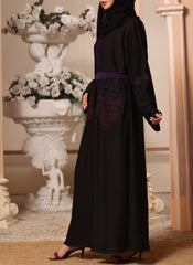 Hijab Ul Hareem Black and Purple Machine Embroidery Nida Fabric Front Open Abaya - 0116-K-300