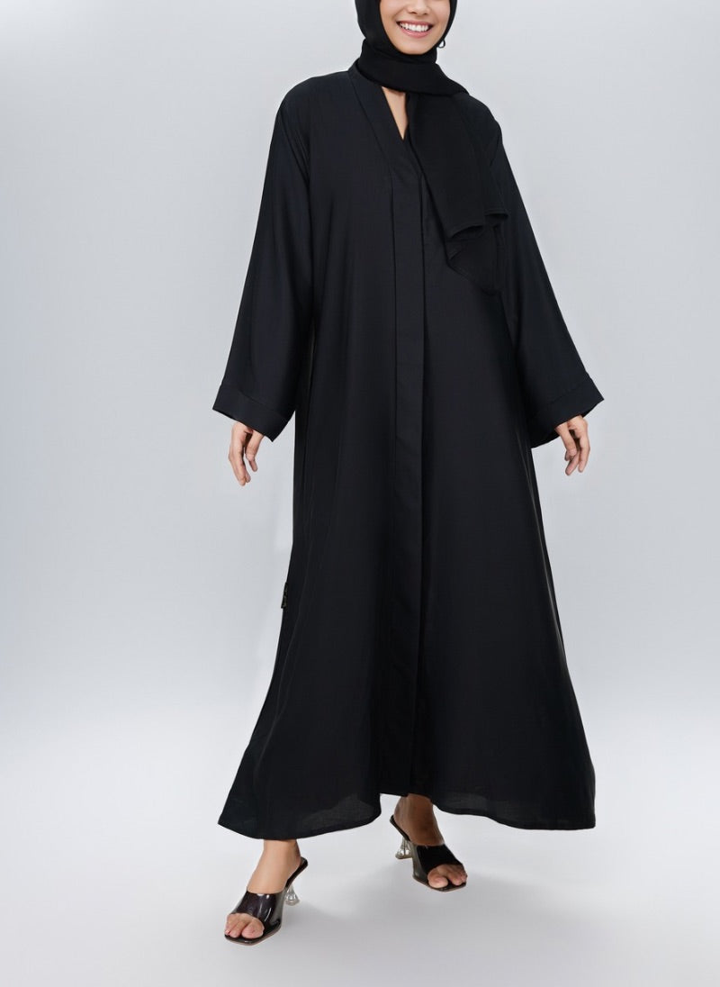 Hijab Ul Hareem Black Hidden Placket Front Open Nida Abaya 0116-PR