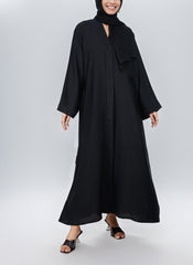 Hijab Ul Hareem Black Hidden Placket Front Open Nida Abaya 0116-PR