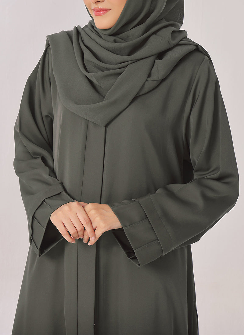 Hijab Ul Hareem Plates Front Open Grey Abaya - 0116-R-722