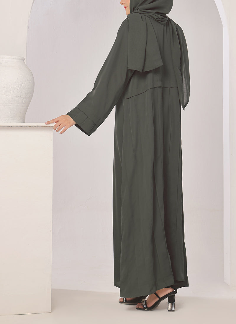 Hijab Ul Hareem Plates Front Open Grey Abaya - 0116-R-722