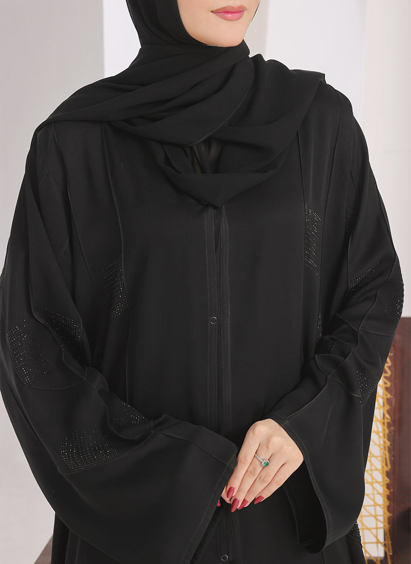 Hijab Ul Hareem Stone Work Front Open Black Abaya - 0116-RC-1020