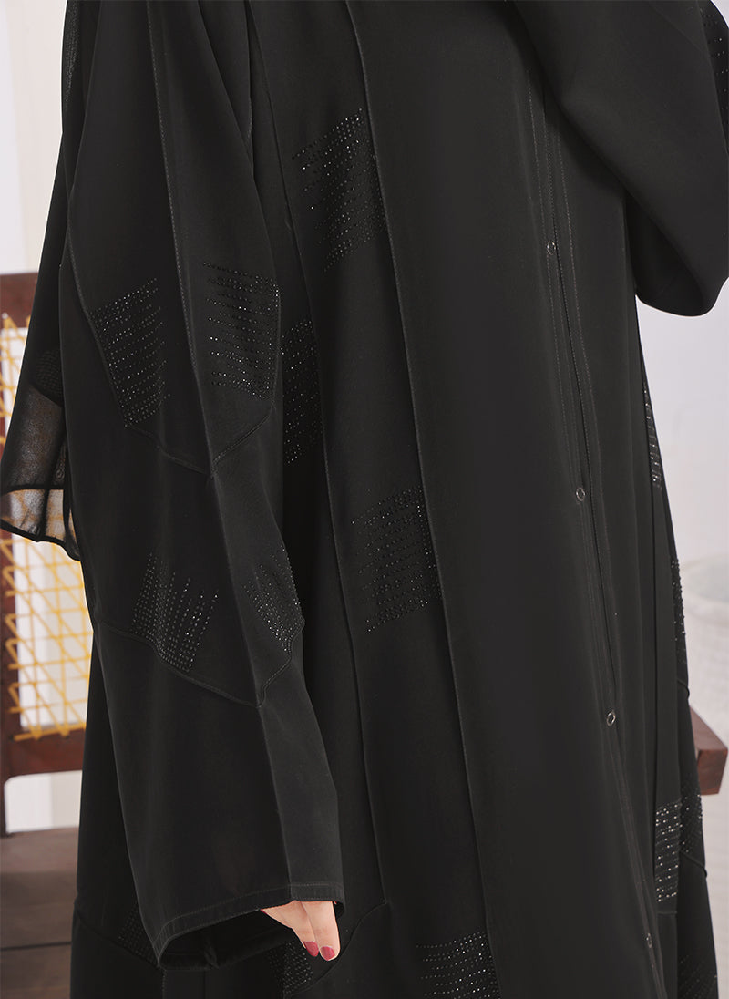 Hijab Ul Hareem Stone Work Front Open Black Abaya - 0116-RC-1020