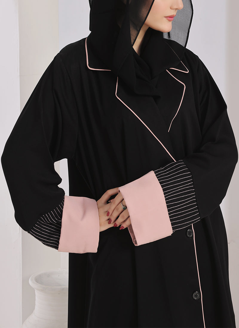 Hijab Ul Hareem Black & Pink Nida Coat Style Abaya - 0119-R-1002