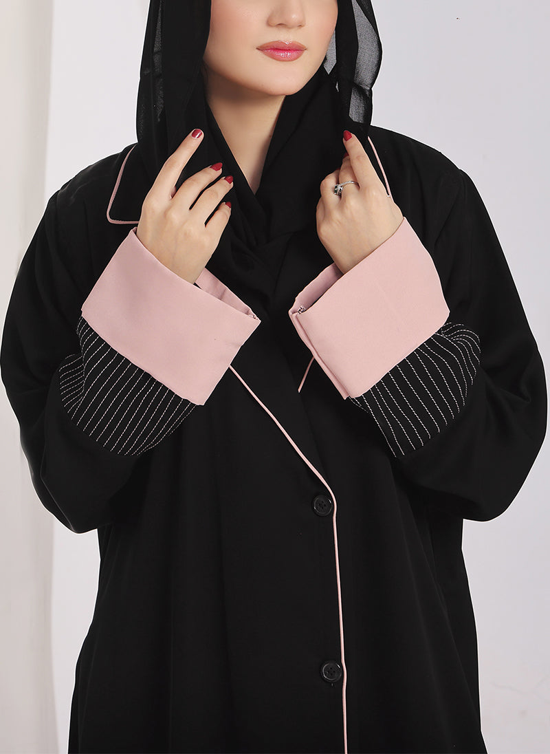 Hijab Ul Hareem Black & Pink Nida Coat Style Abaya - 0119-R-1002