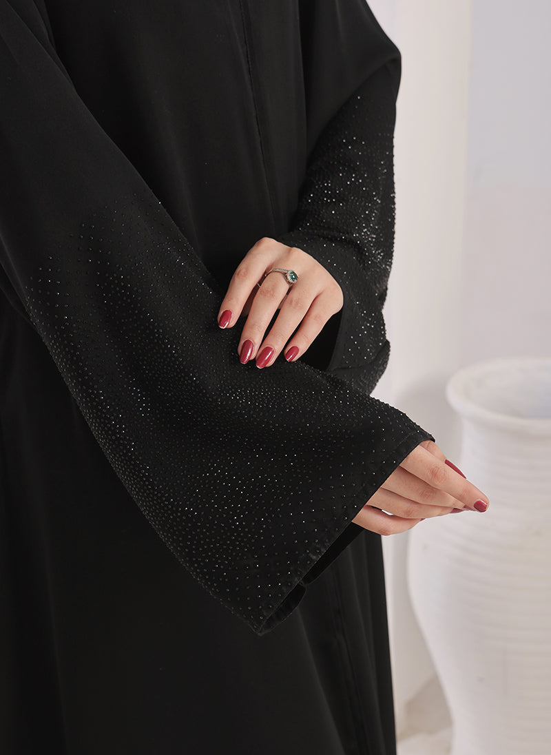 Hijab Ul Hareem Stone work Front Open Black Abaya - 0121-C-1024