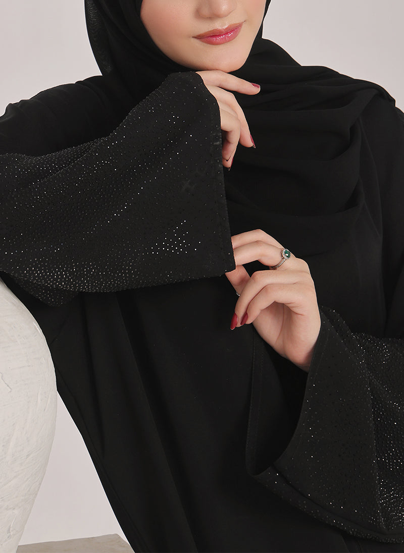 Hijab Ul Hareem Stone work Front Open Black Abaya - 0121-C-1024