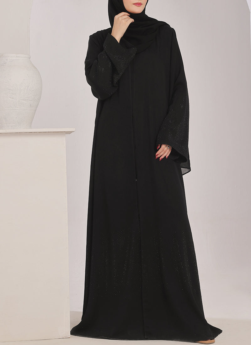 Hijab Ul Hareem Stone work Front Open Black Abaya - 0121-C-1024