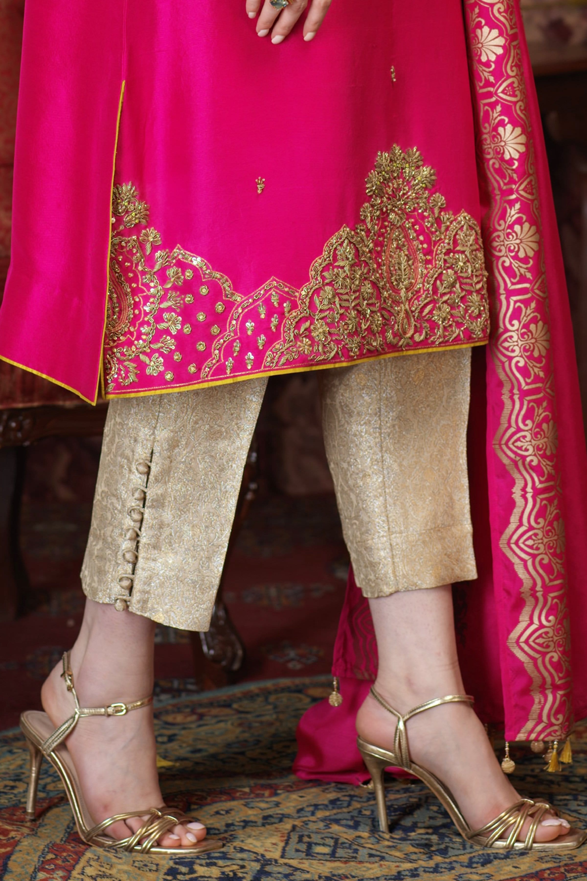 Arzish By Zaaviay Stitched Nazneen Gold Straight Button Pants