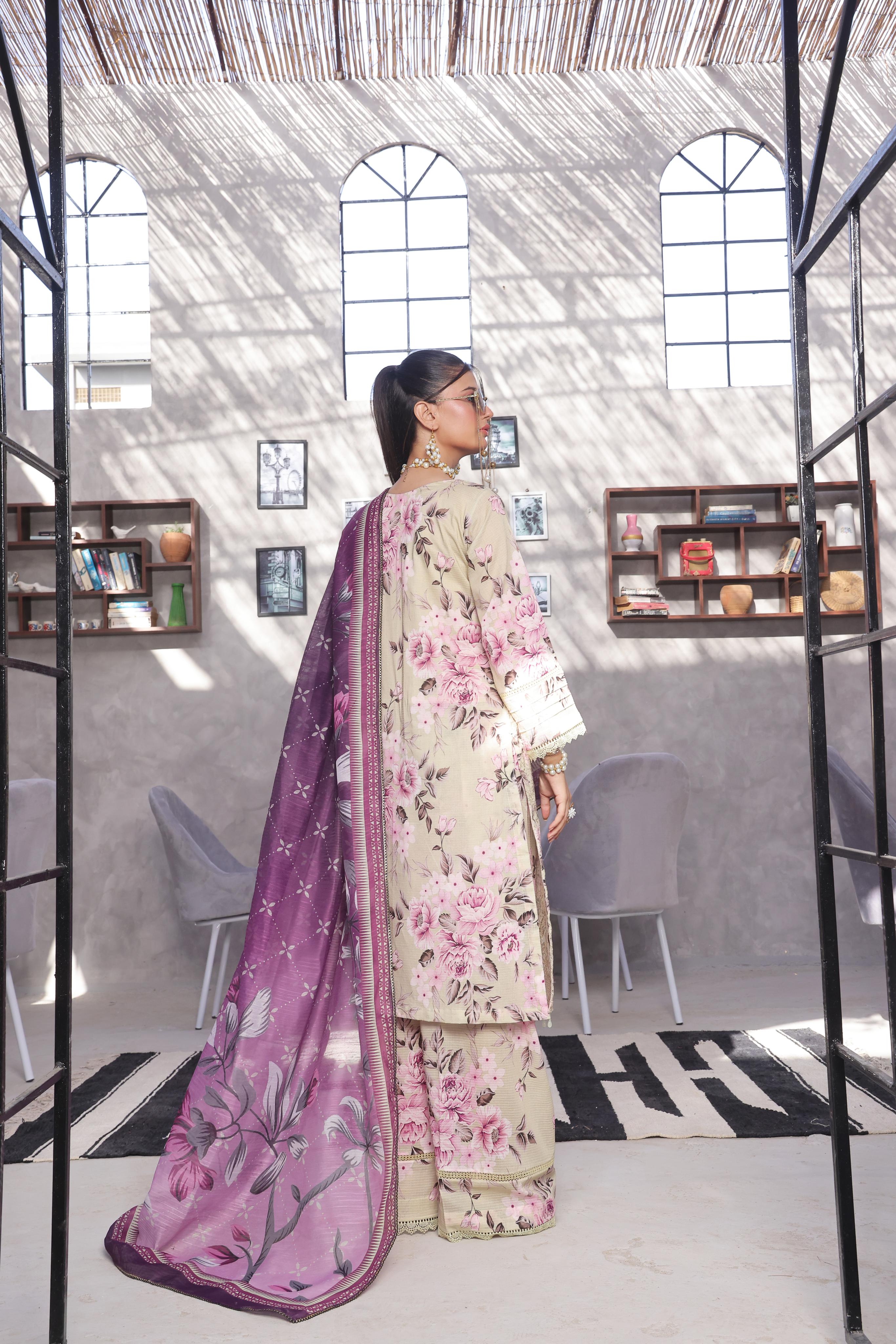 Dressline Pearl Unstitched Heavy Chikankari & Jall Emb Bana Dora Digital Lawn With Voil Dupatta & Cambric Trousers