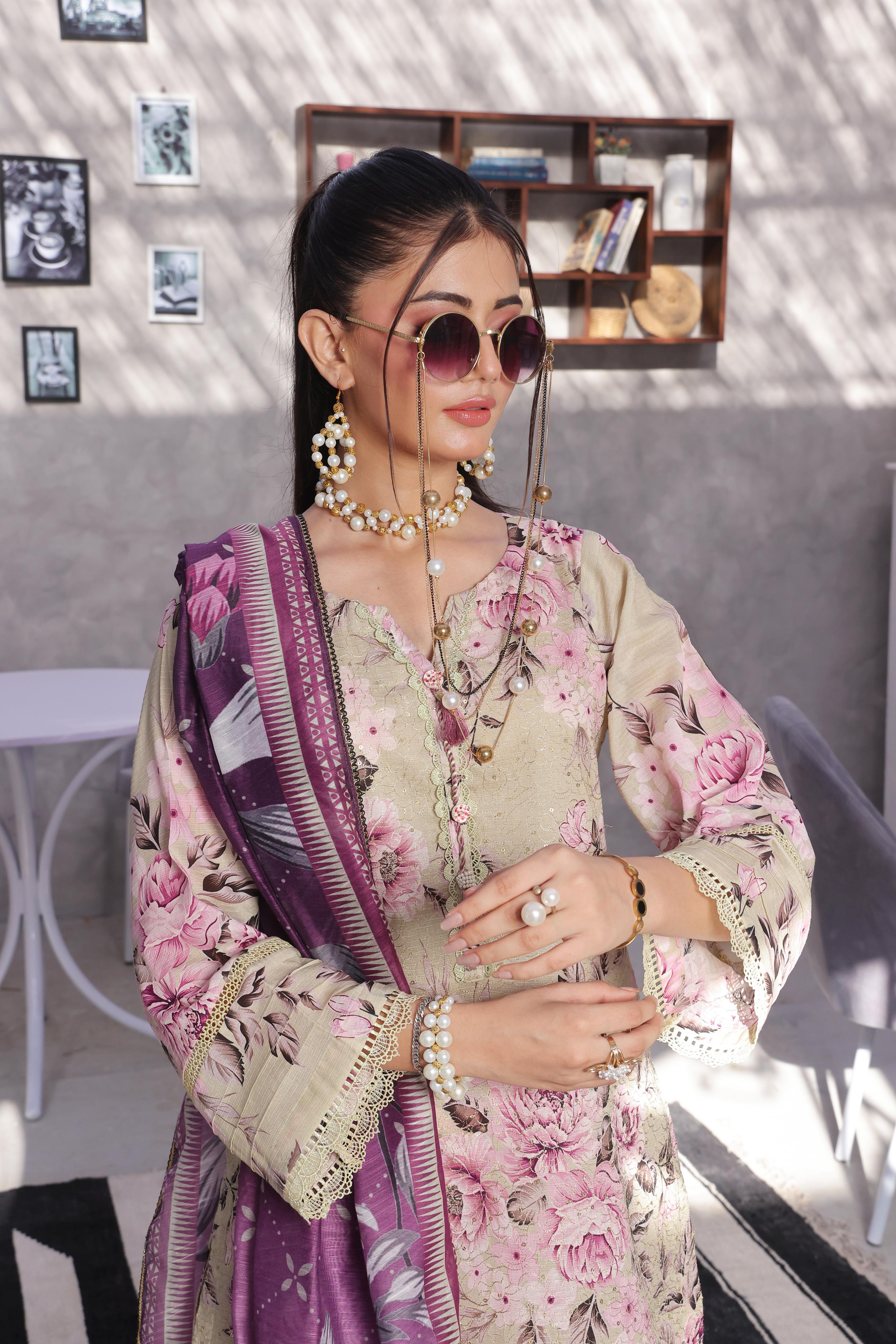 Dressline Pearl Unstitched Heavy Chikankari & Jall Emb Bana Dora Digital Lawn With Voil Dupatta & Cambric Trousers