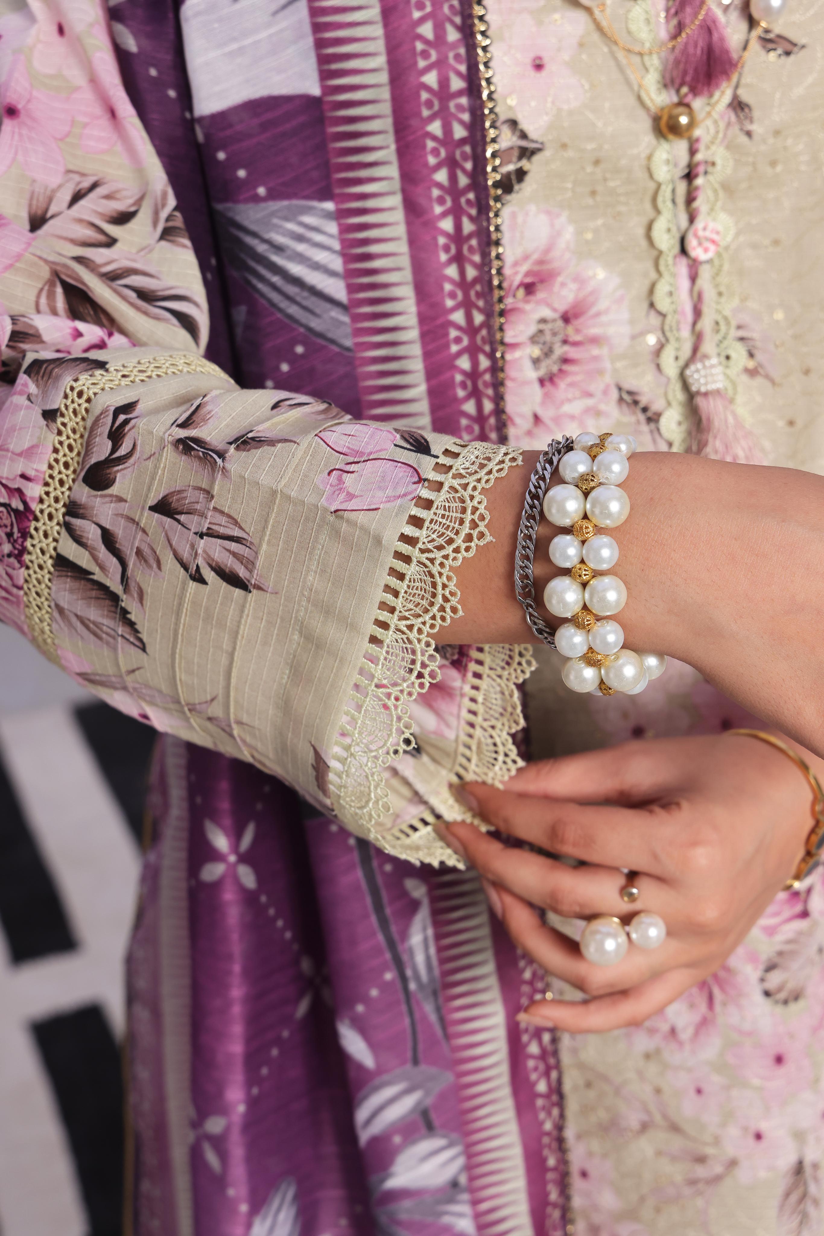Dressline Pearl Unstitched Heavy Chikankari & Jall Emb Bana Dora Digital Lawn With Voil Dupatta & Cambric Trousers