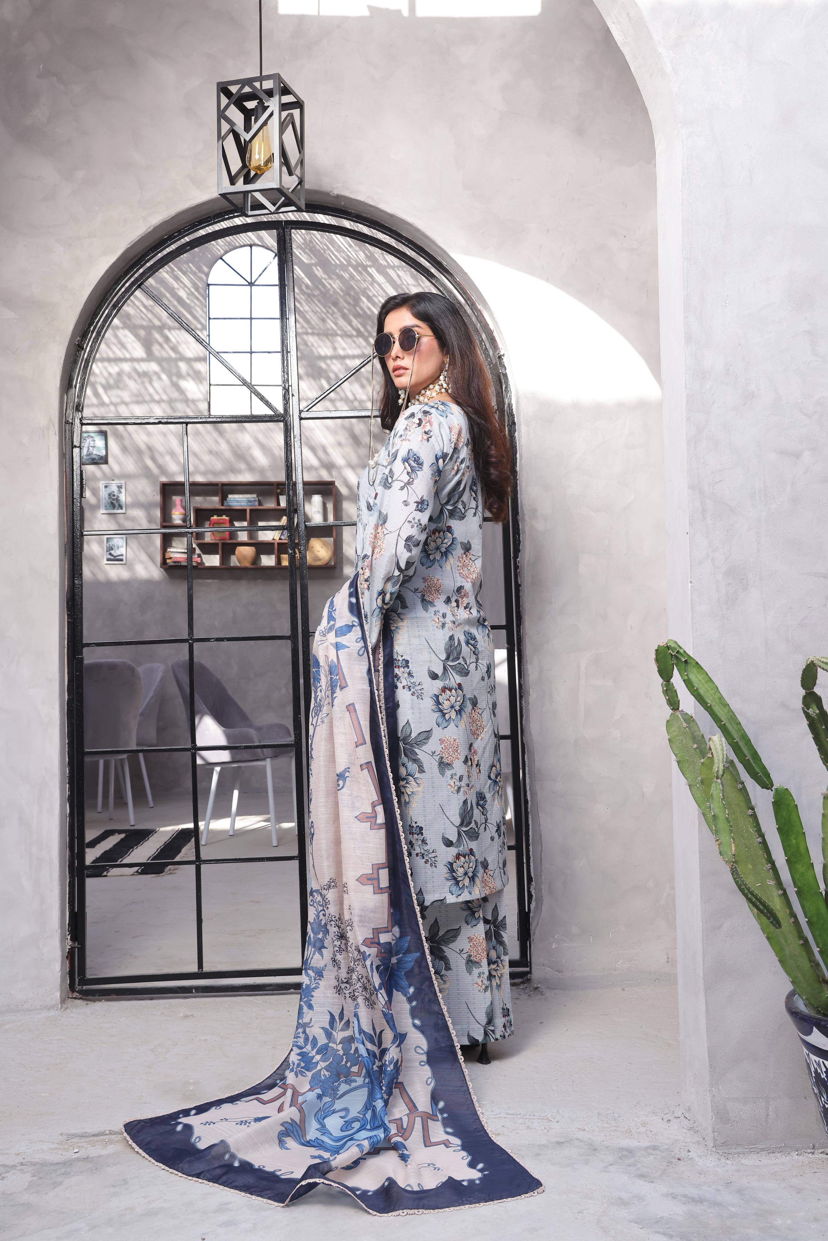 Dressline Pearl Unstitched Heavy Chikankari & Jall Emb Bana Dora Digital Lawn With Voil Dupatta & Cambric Trousers