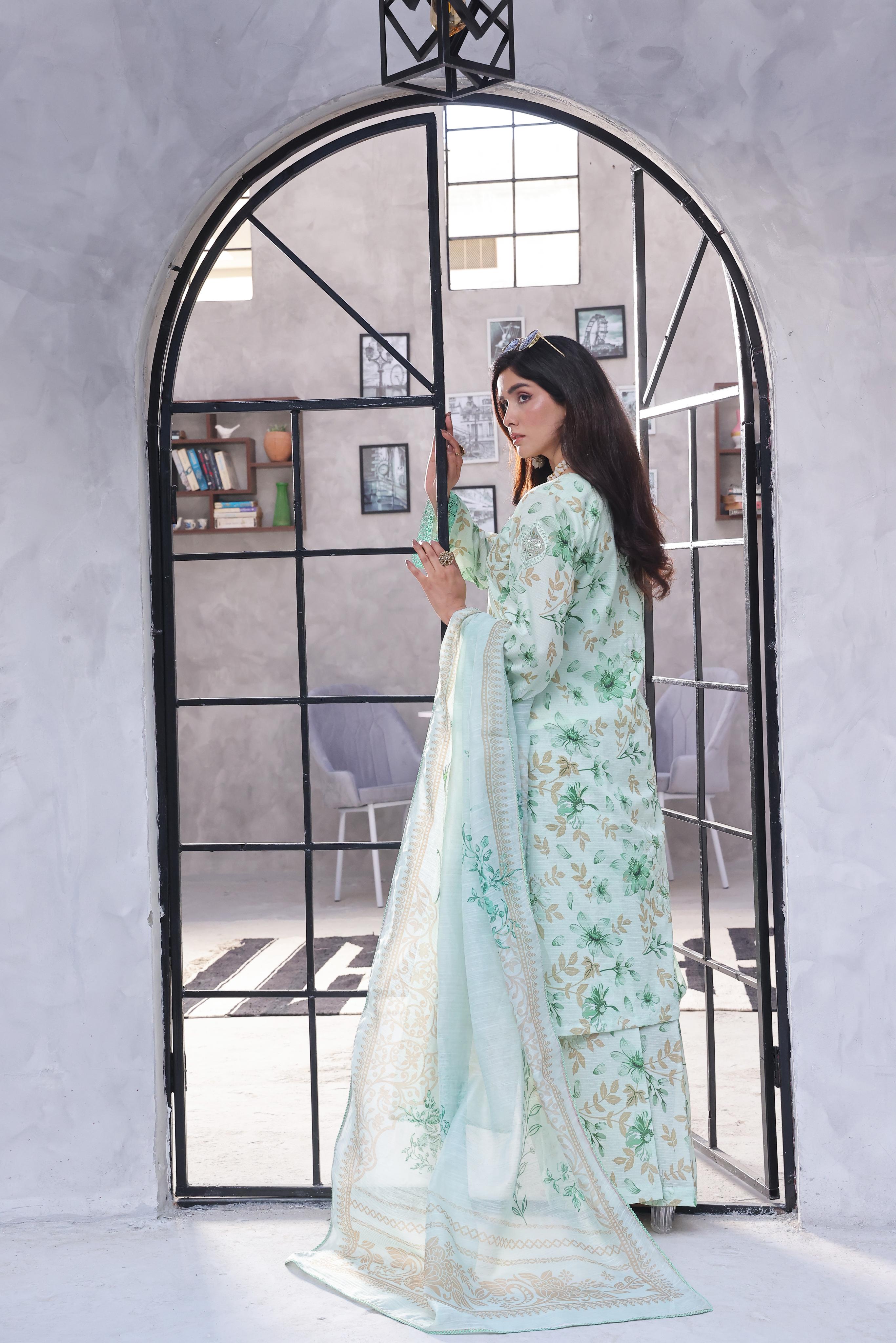 Dressline Pearl Unstitched Heavy Chikankari & Jall Emb Bana Dora Digital Lawn With Voil Dupatta & Cambric Trousers