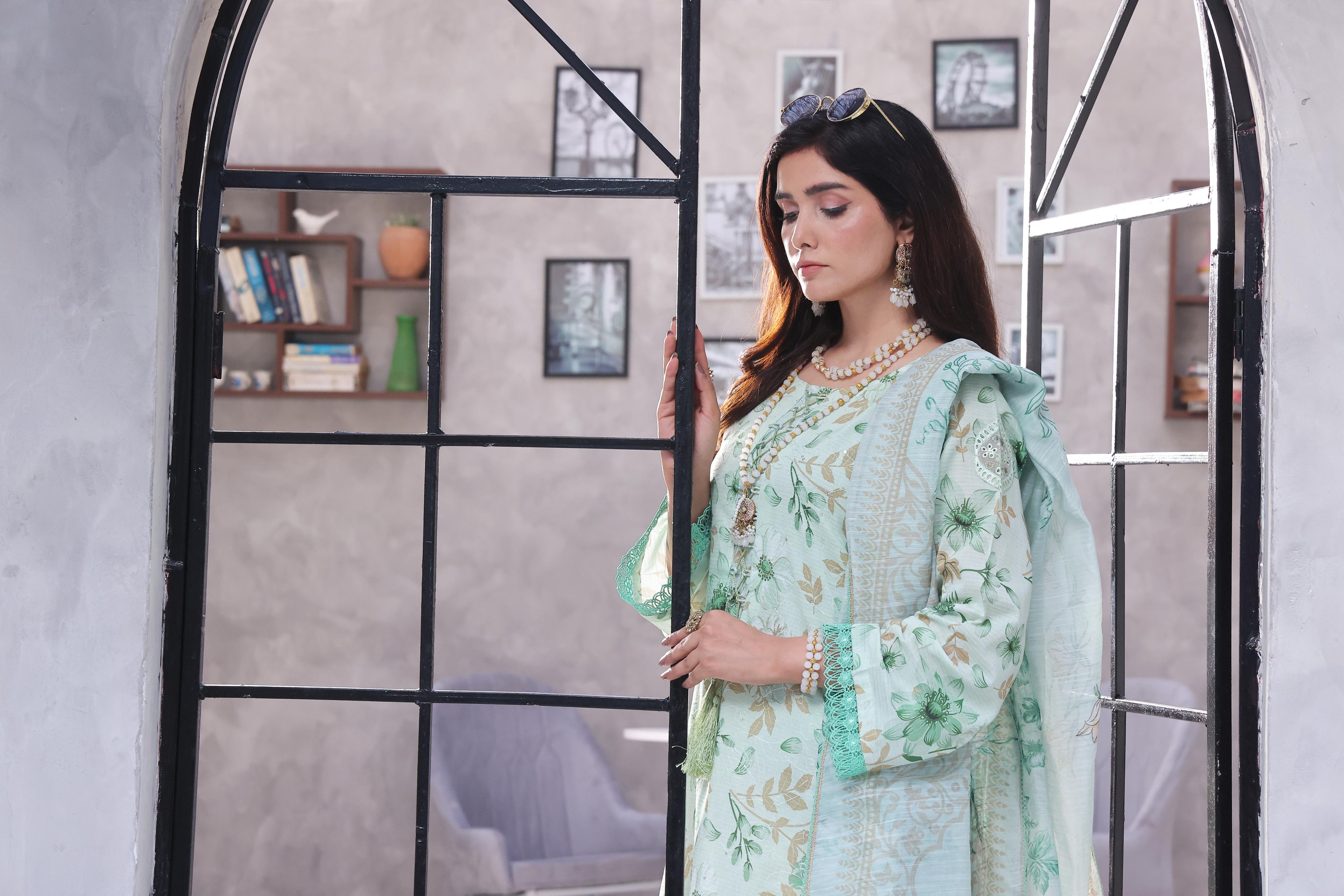 Dressline Pearl Unstitched Heavy Chikankari & Jall Emb Bana Dora Digital Lawn With Voil Dupatta & Cambric Trousers