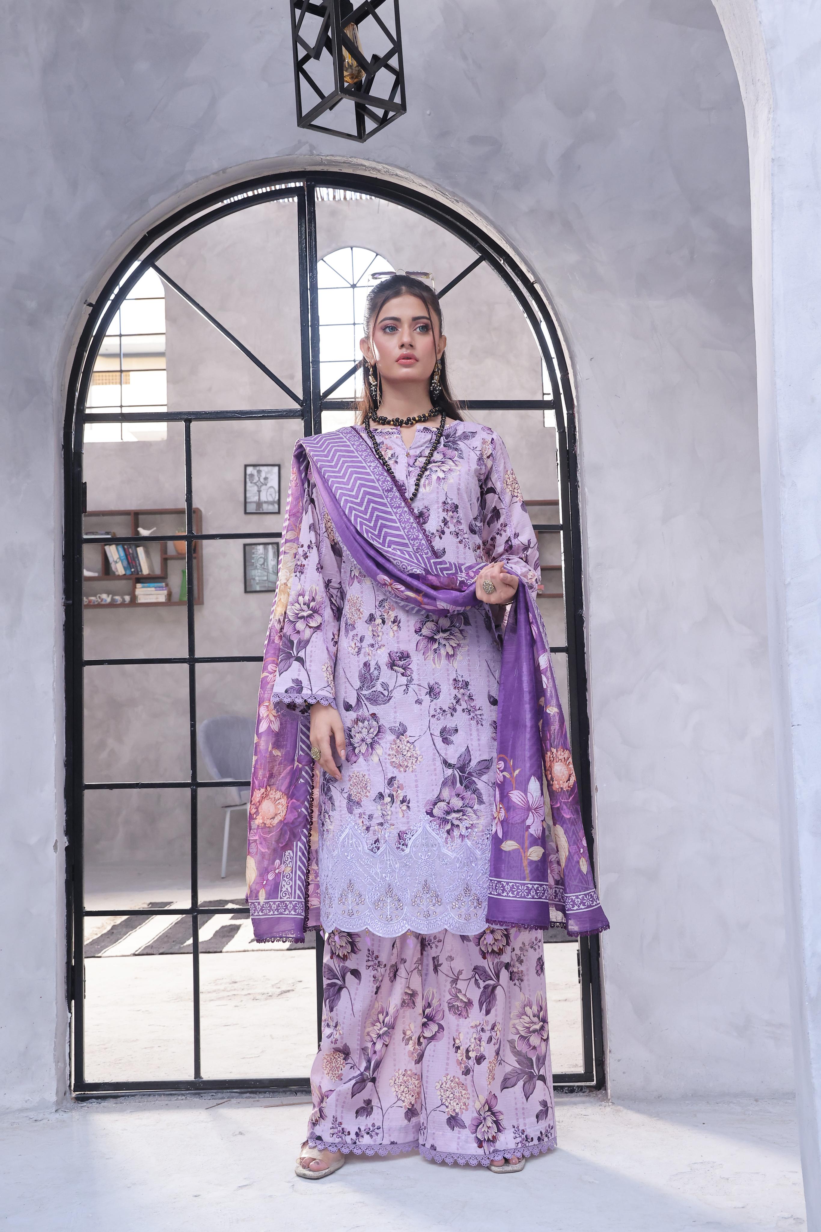 Dressline Pearl Unstitched Heavy Chikankari & Jall Emb Bana Dora Digital Lawn With Voil Dupatta & Cambric Trousers