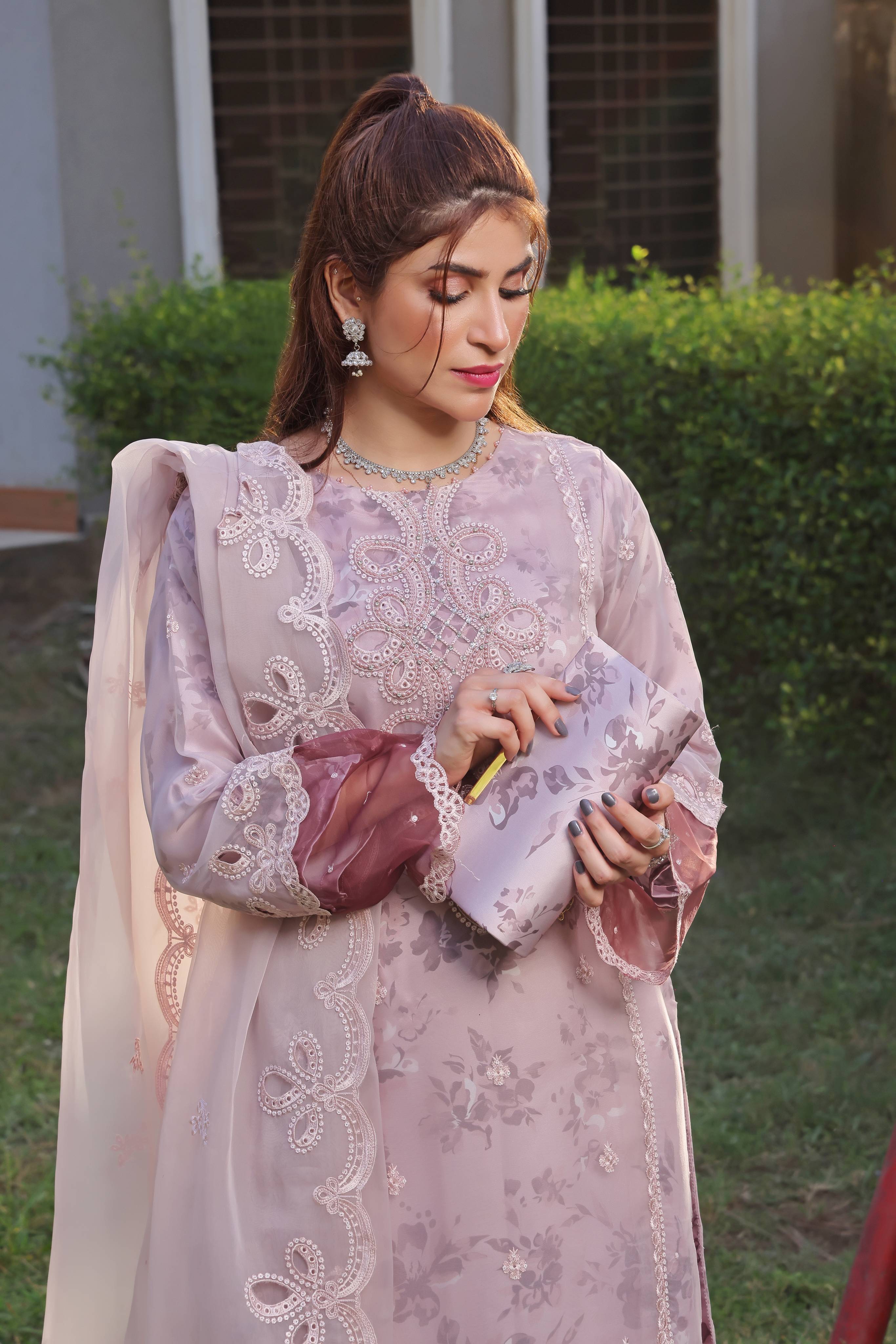 Dressline Semi Stitched 3 Piece Luxury Emb Organza Collection With Designer Clutch
