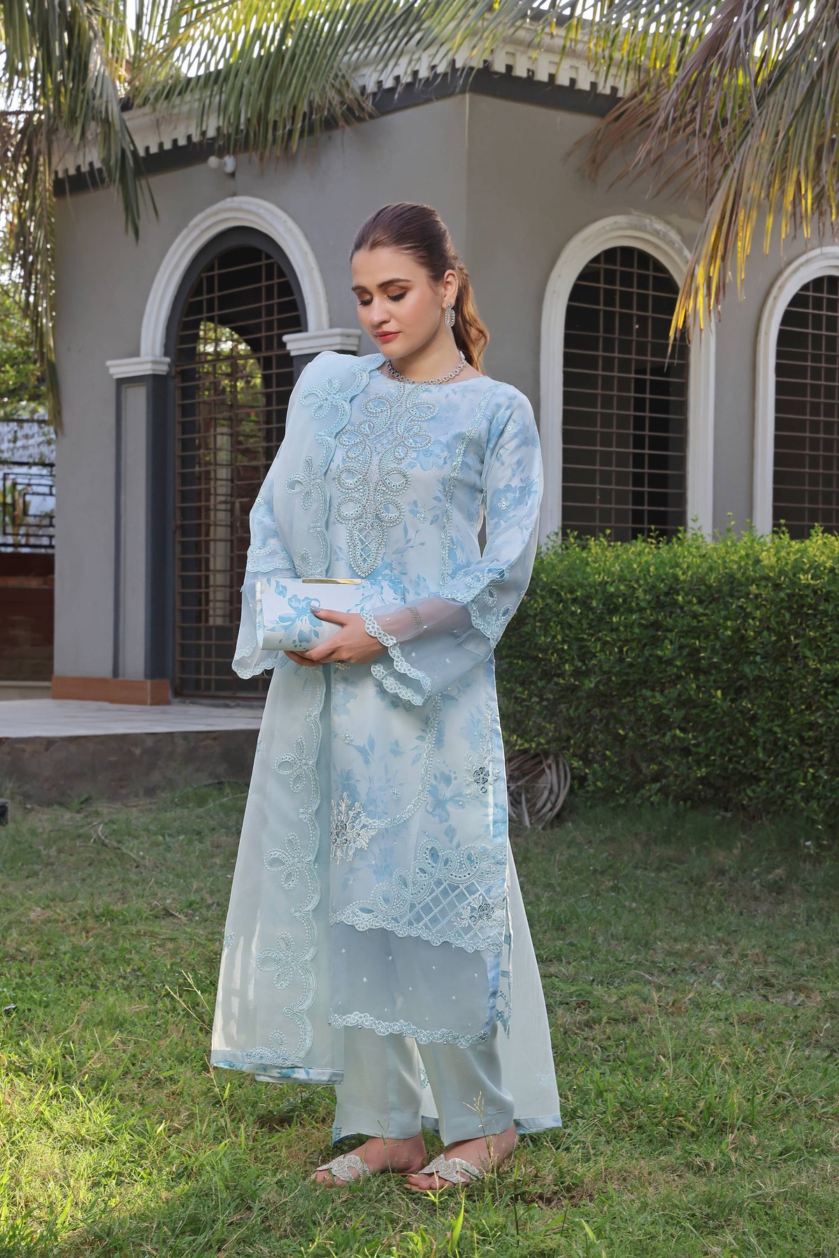 Dressline Semi Stitched 3 Piece Luxury Emb Organza Collection With Designer Clutch