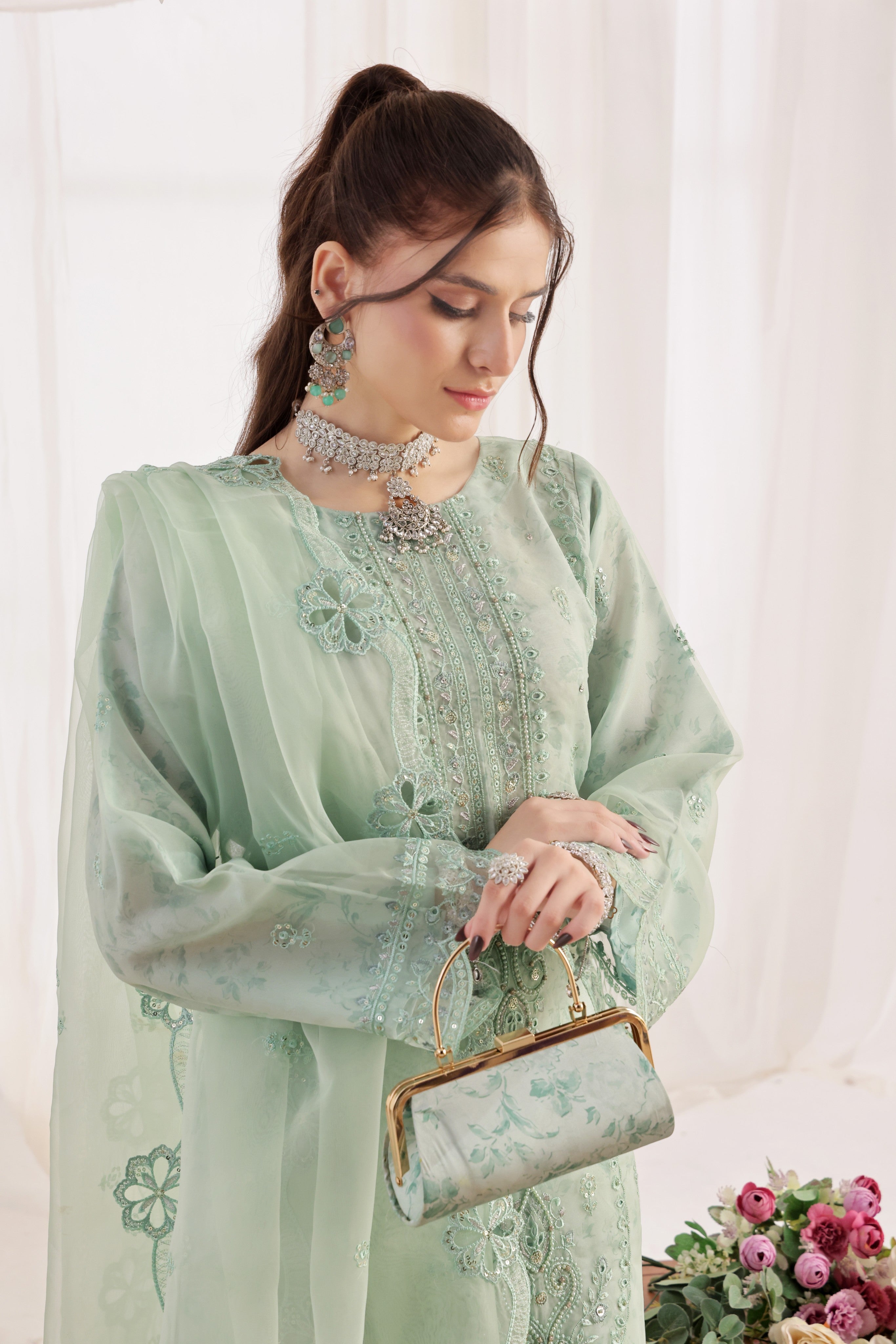 Dressline Xenia Luxury Emb Organza Clutches Collection 3 Piece Semi Stitched
