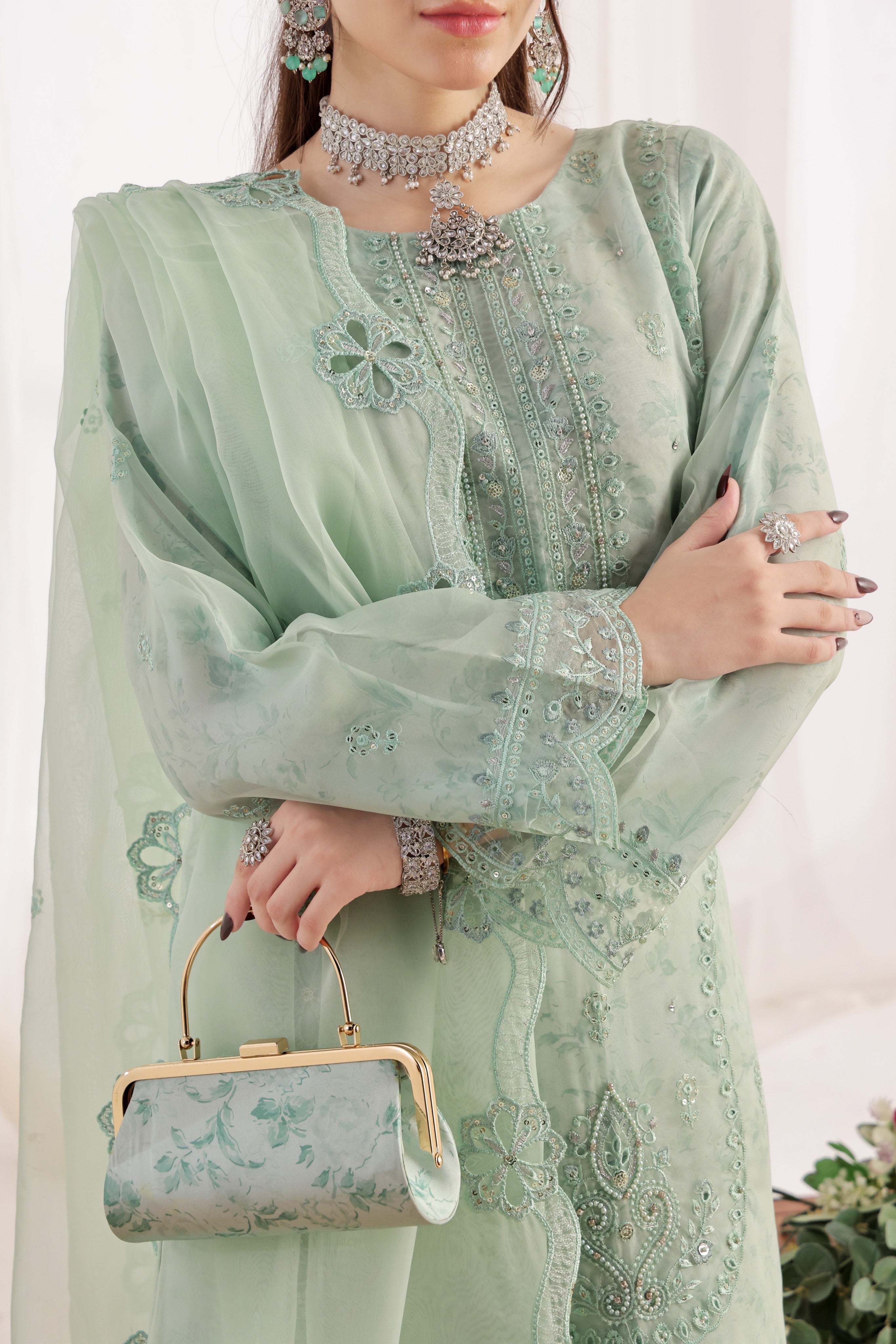 Dressline Xenia Luxury Emb Organza Clutches Collection 3 Piece Semi Stitched