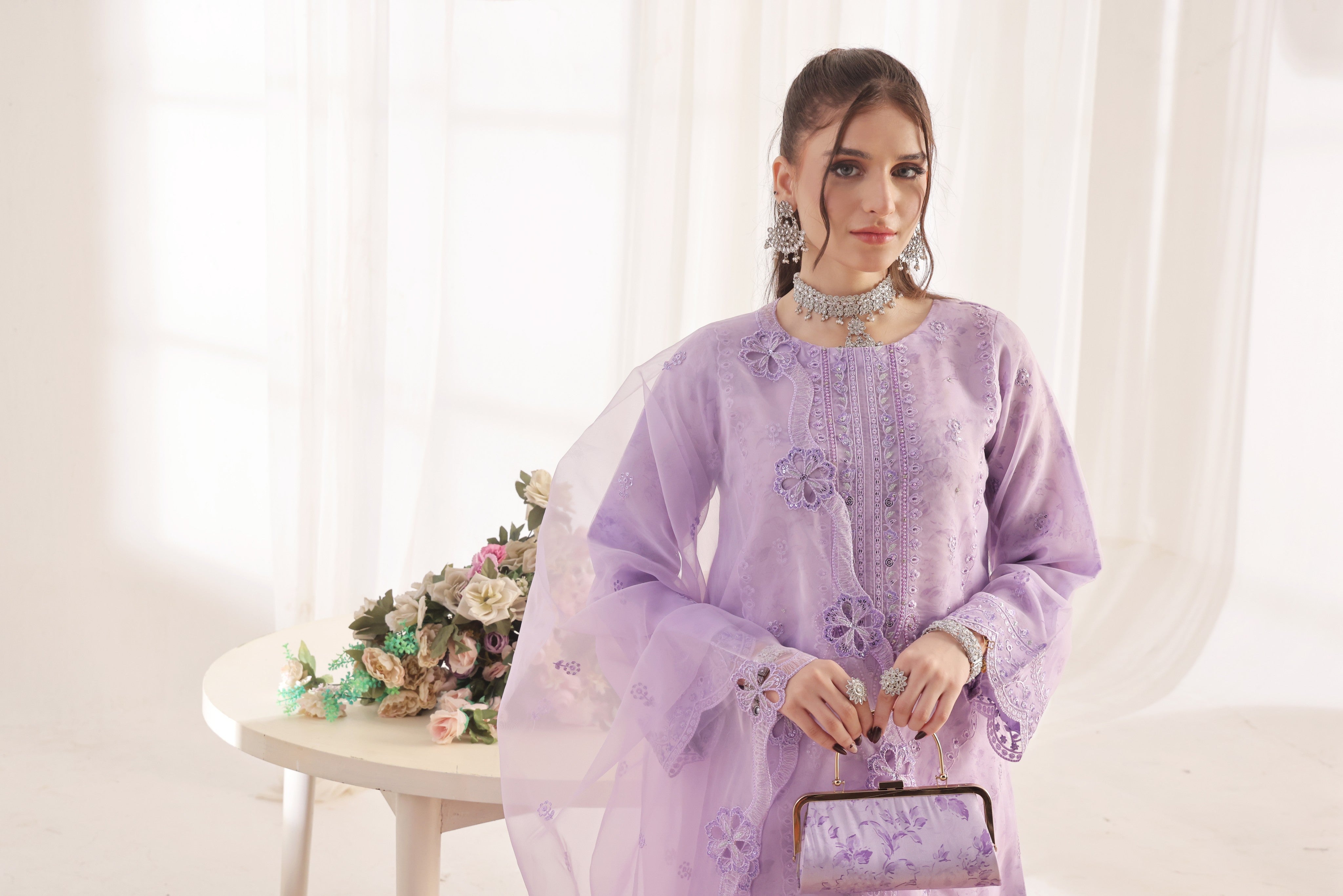 Dressline Xenia Luxury Emb Organza Clutches Collection 3 Piece Semi Stitched