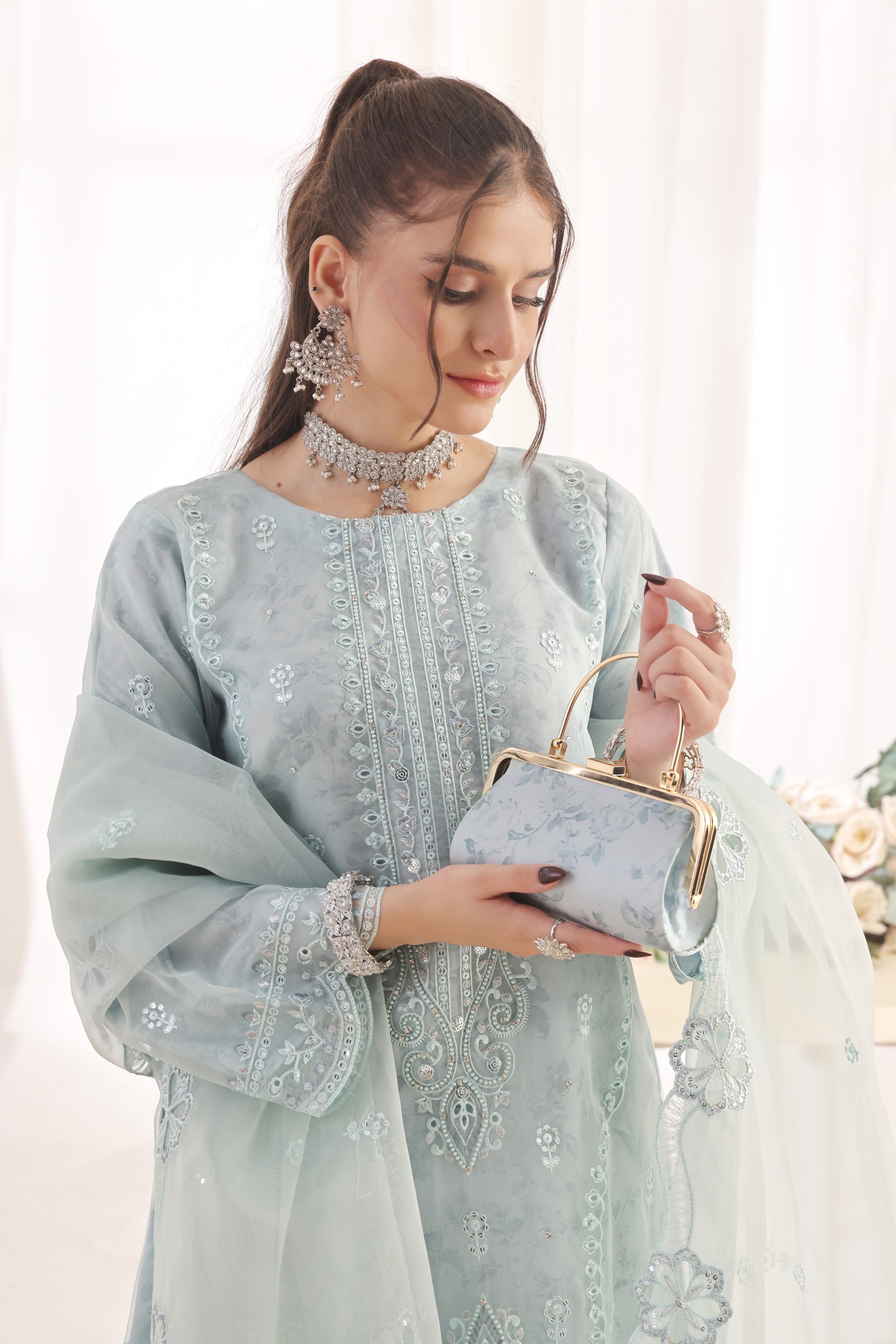 Dressline Xenia Luxury Emb Organza Clutches Collection 3 Piece Semi Stitched