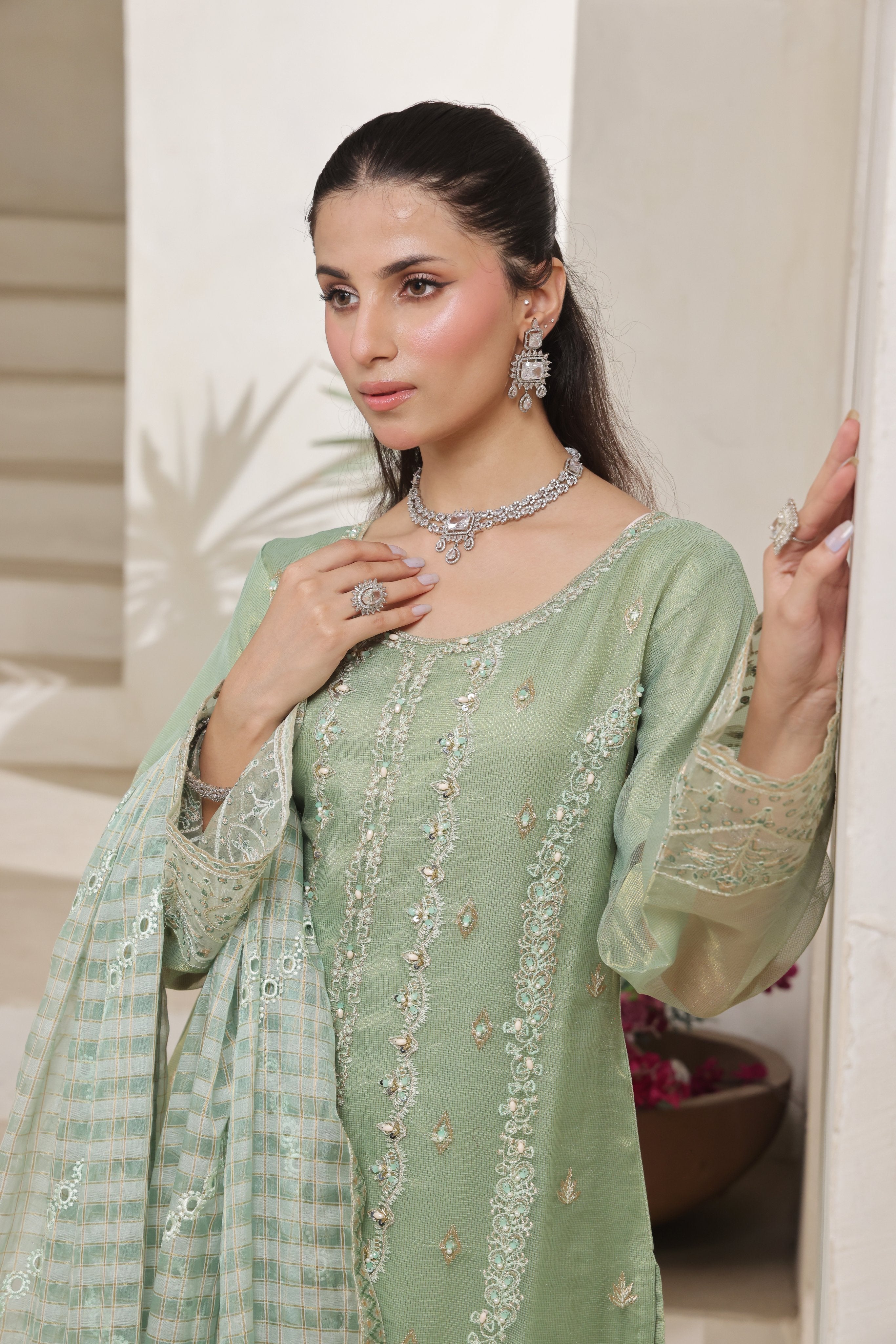 Dressline Jasmine An Elegant Statement Semi Stitched Khaadi Net & Organza Zari Check Collection