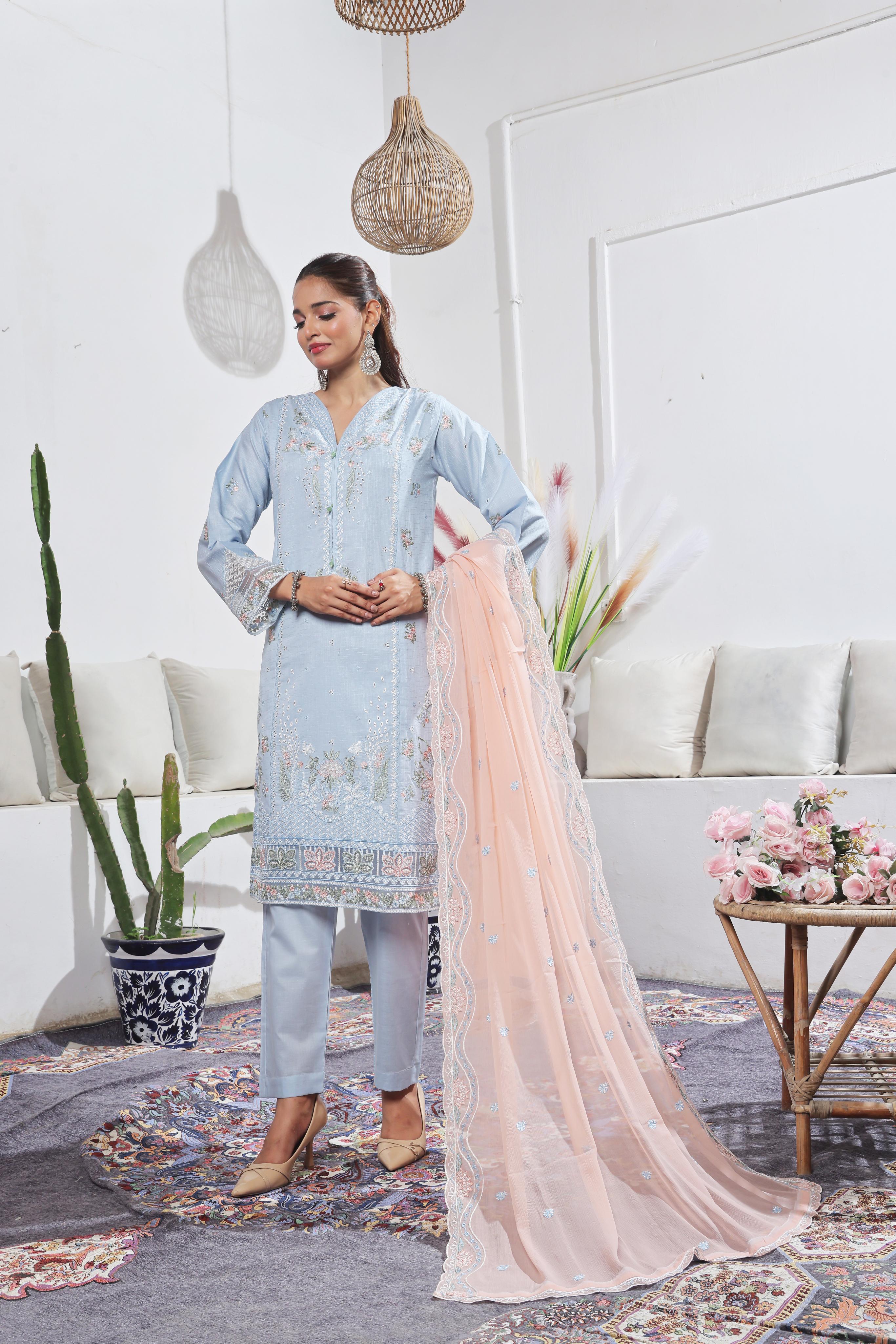 Dressline Launching New Stitched 3 Piece Emb  Self Lawn Jacquard Collection