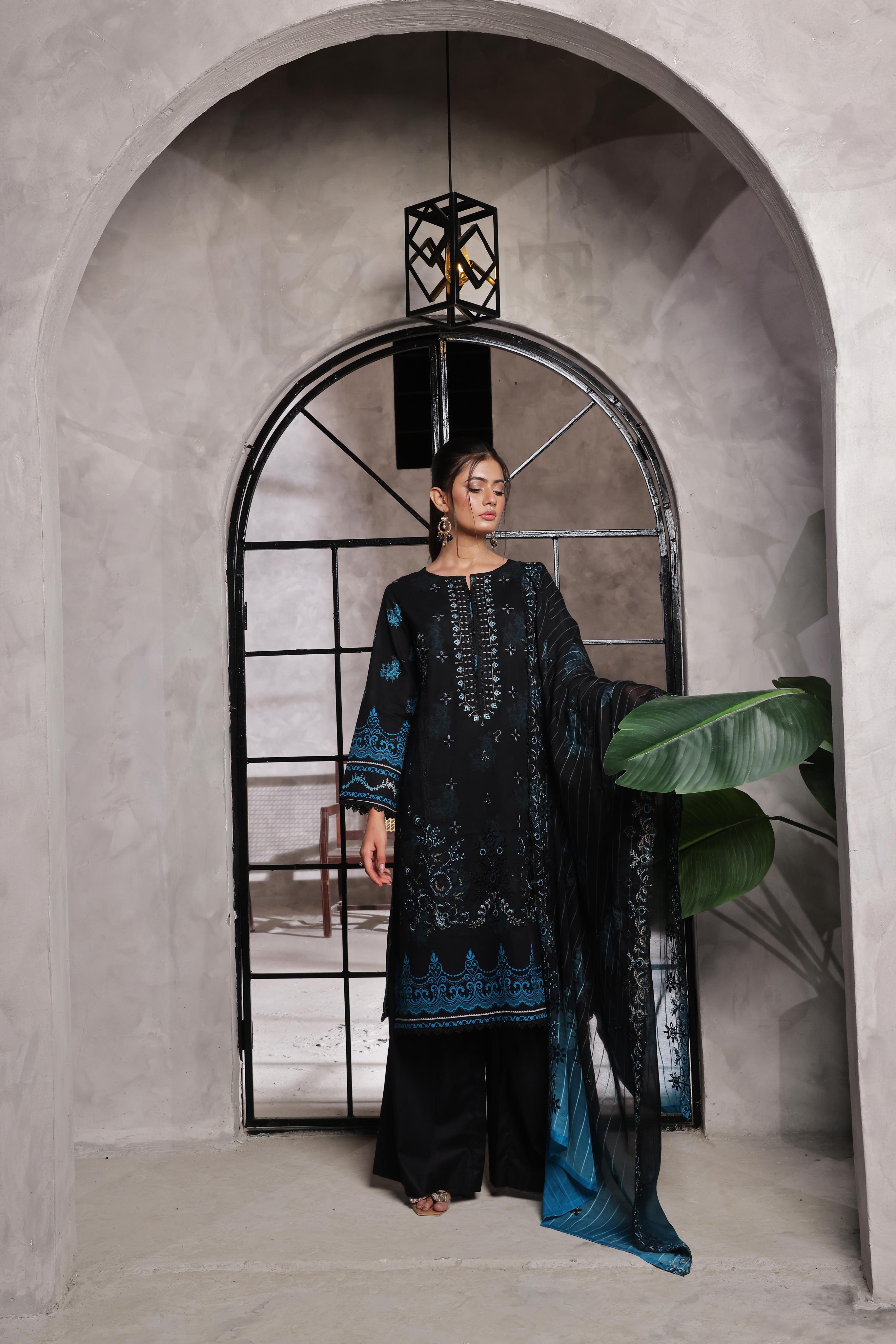 Dressline Salina Emb Sophistication Reimagined Unstitched Chikankari & Cutwork Bana Dora Lawn With Diamond Digital Dupatta & Dyed Cambric Trousers