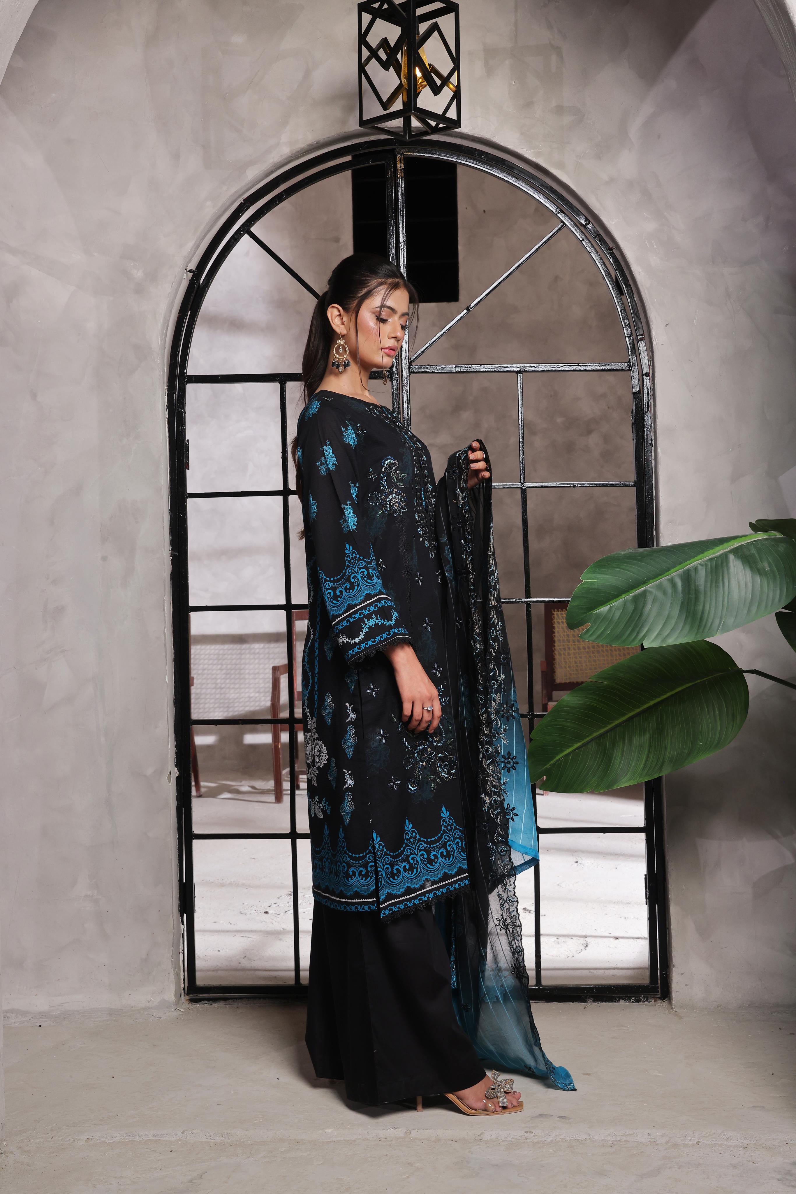 Dressline Salina Emb Sophistication Reimagined Unstitched Chikankari & Cutwork Bana Dora Lawn With Diamond Digital Dupatta & Dyed Cambric Trousers