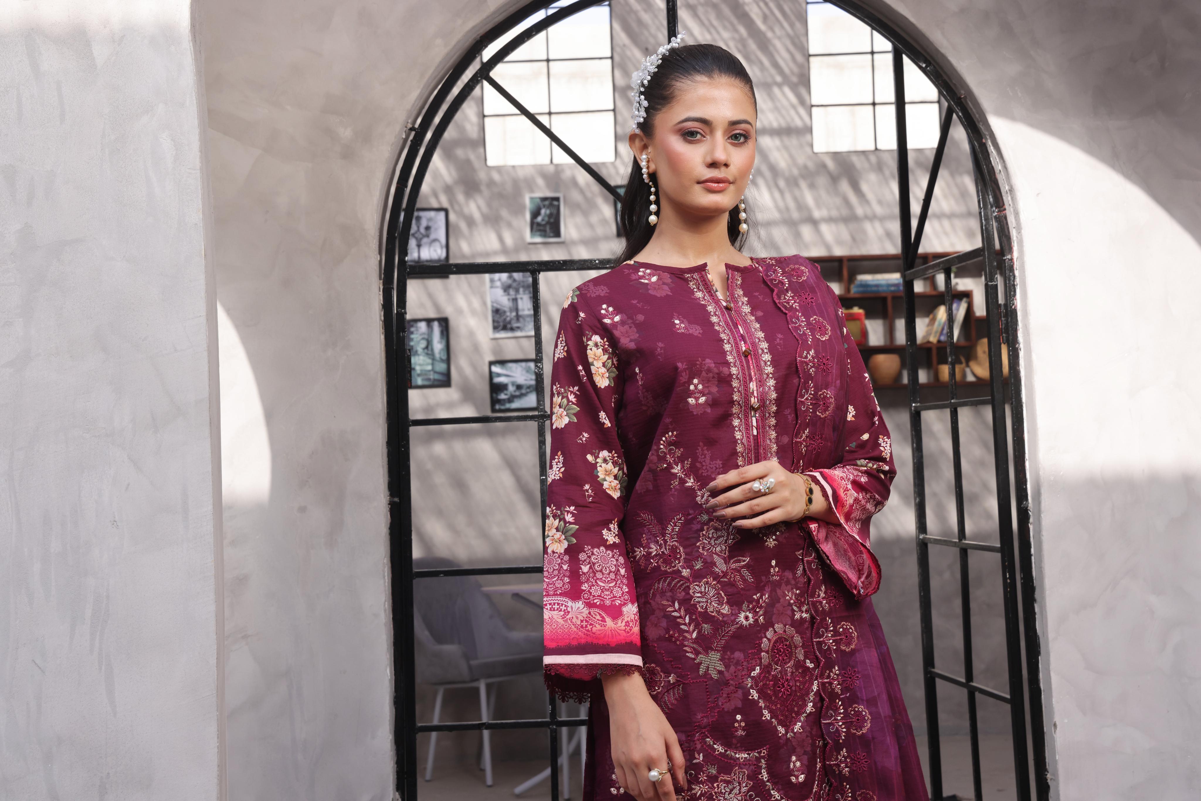 Dressline Salina Emb Sophistication Reimagined Unstitched Chikankari & Cutwork Bana Dora Lawn With Diamond Digital Dupatta & Dyed Cambric Trousers