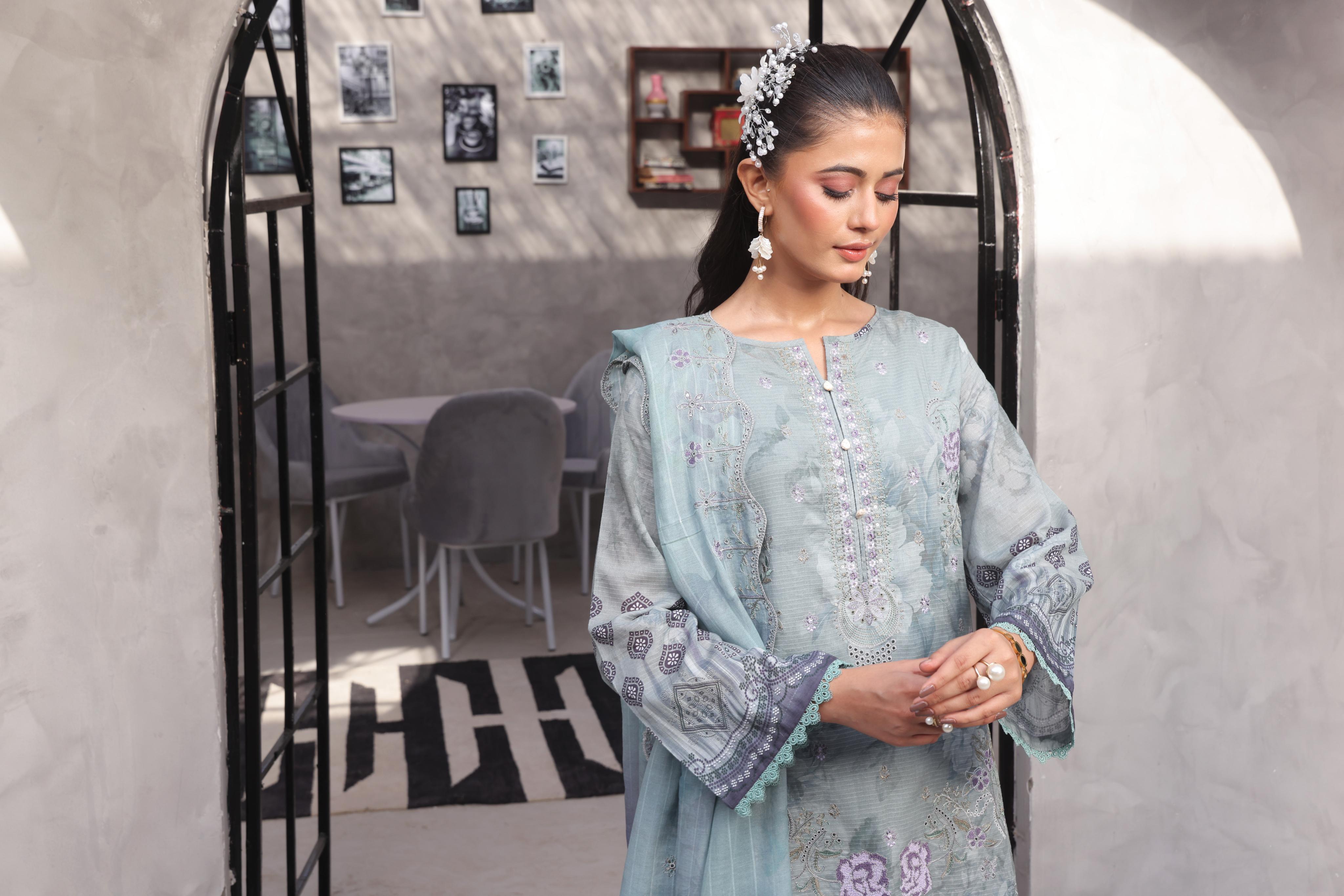 Dressline Salina Emb Sophistication Reimagined Unstitched Chikankari & Cutwork Bana Dora Lawn With Diamond Digital Dupatta & Dyed Cambric Trousers