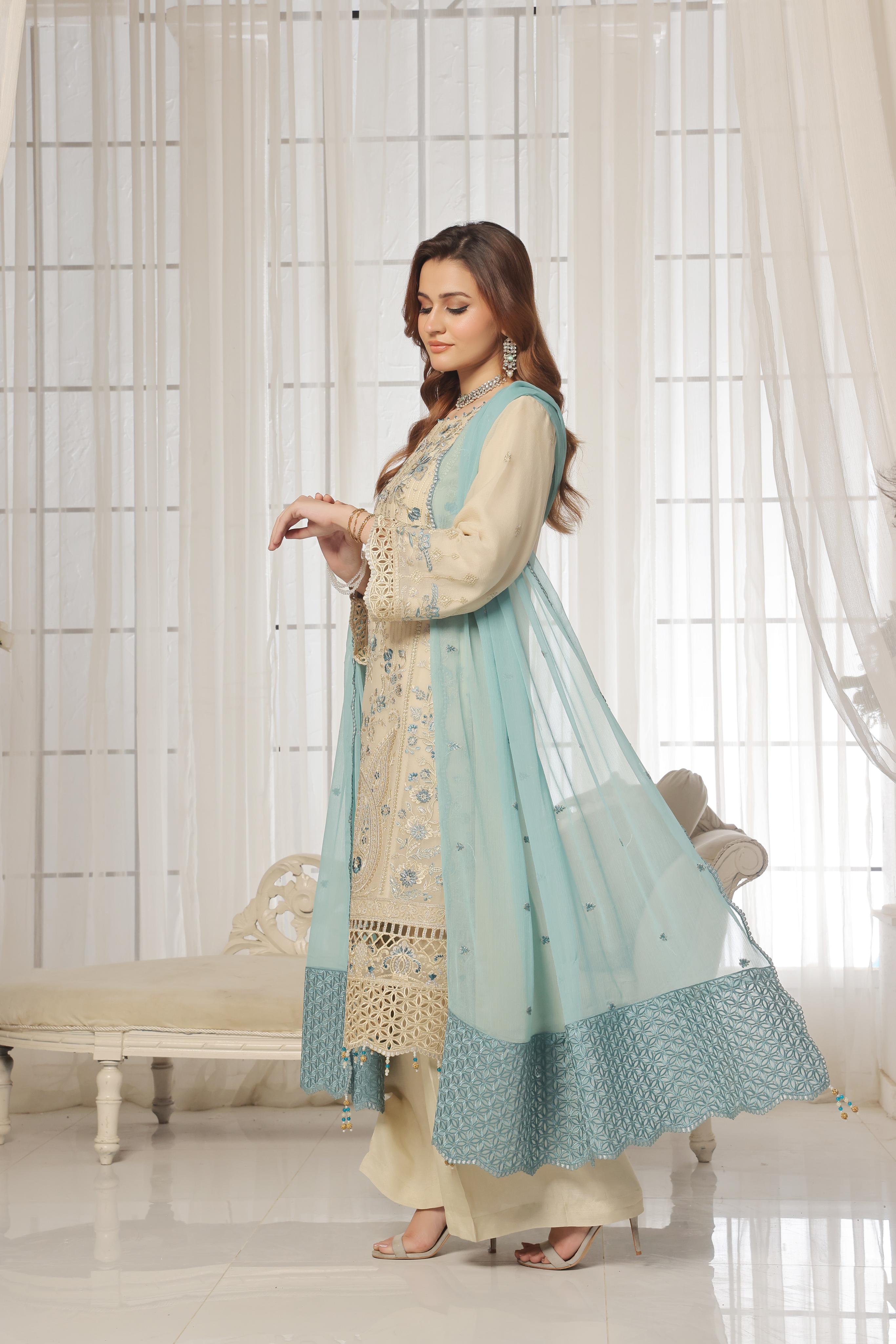 Dressline Lunching New 3 Piece Semi Stitched Luxury Emb ChikankariWith Boring Work Chiffon Collection
