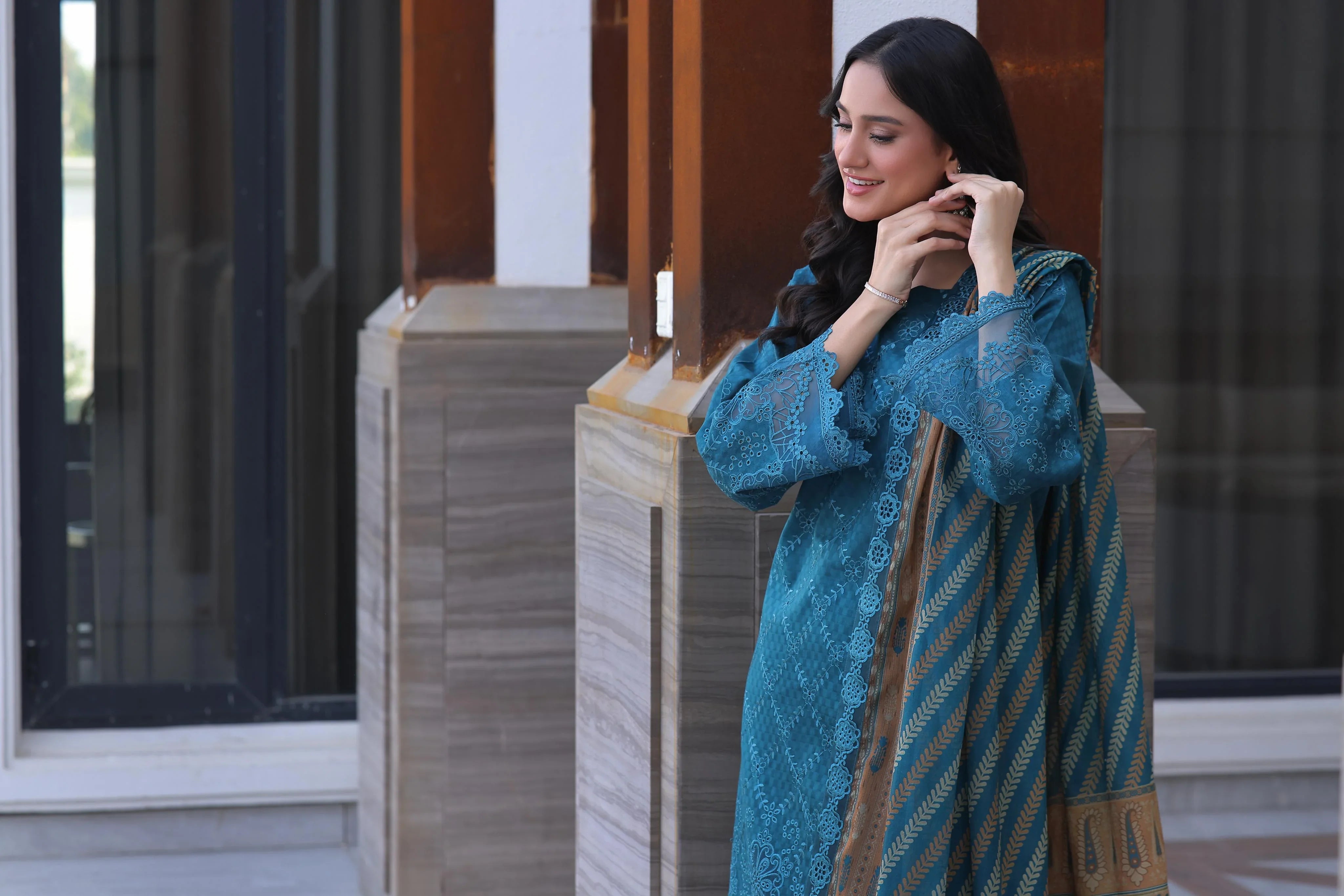 Dressline New Semi Stitched 3 Pcs Premium Dyed Lawn Fancy Full Chikankari With Sequence Embaa Collection 2025