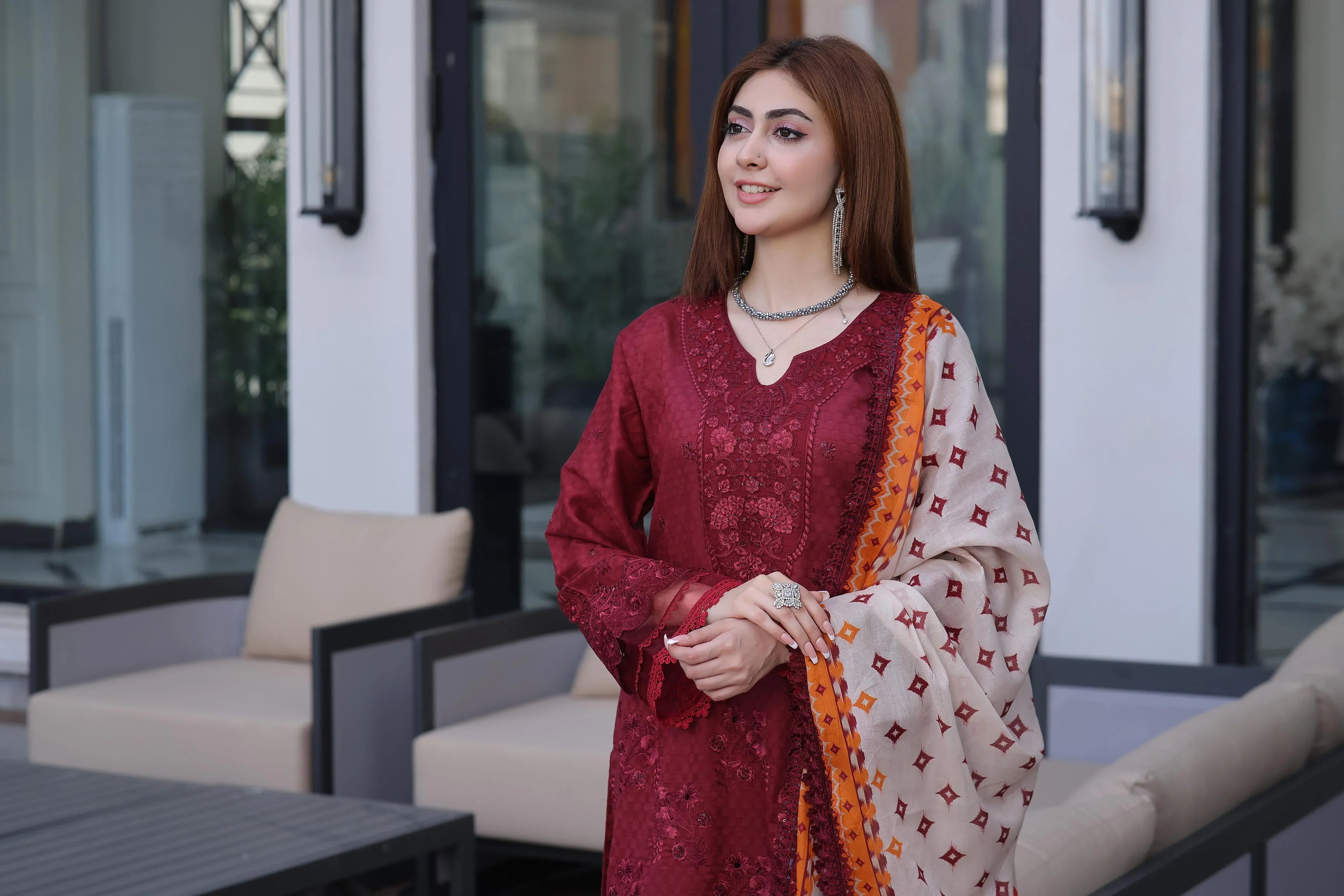 Dressline New Semi Stitched 3 Pcs Premium Dyed Lawn Fancy Full Chikankari With Sequence Emb Collection