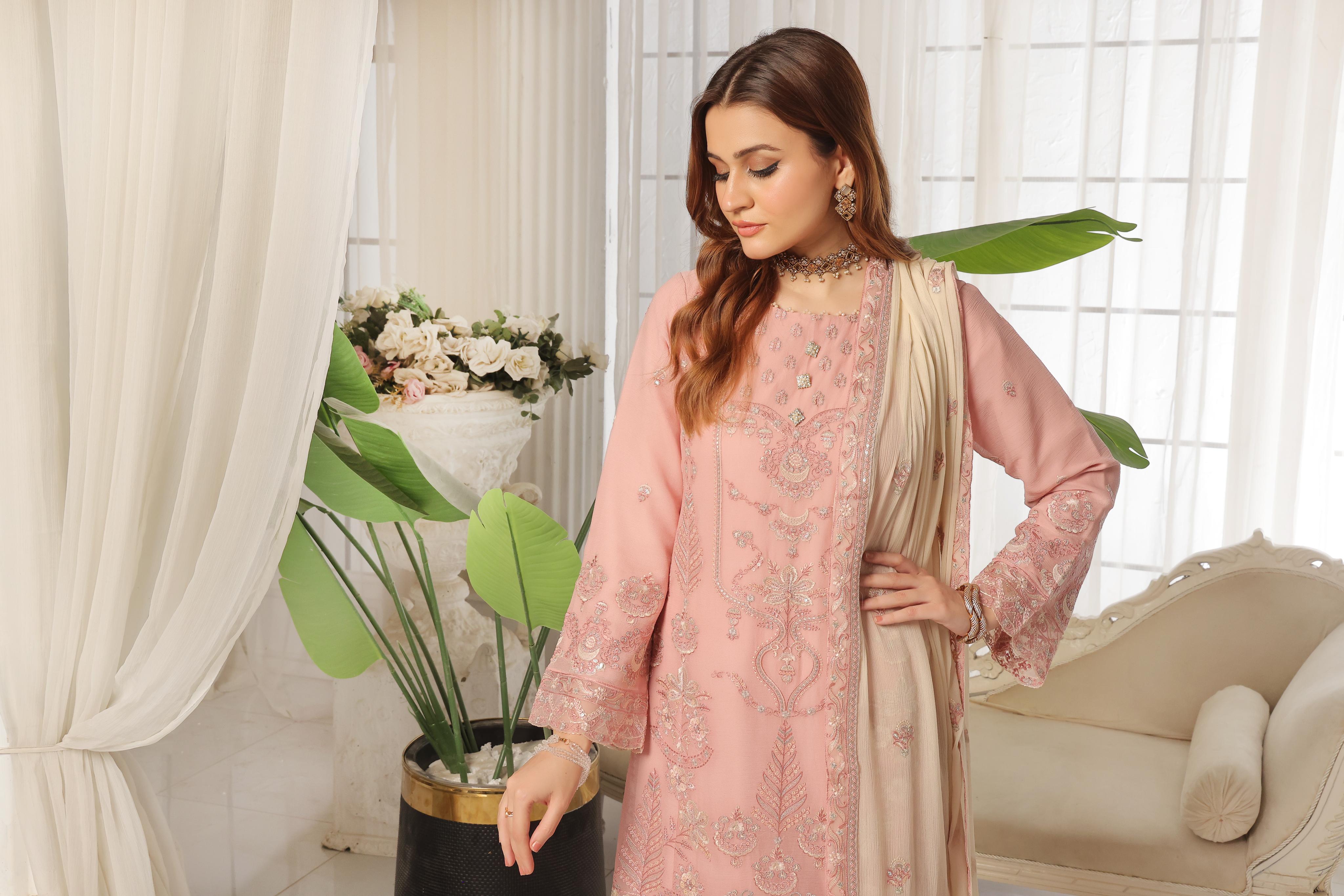 Dressline Lunching New 3 Piece Semi Stitched Luxury Emb ChikankariWith Boring Work Chiffon Collection