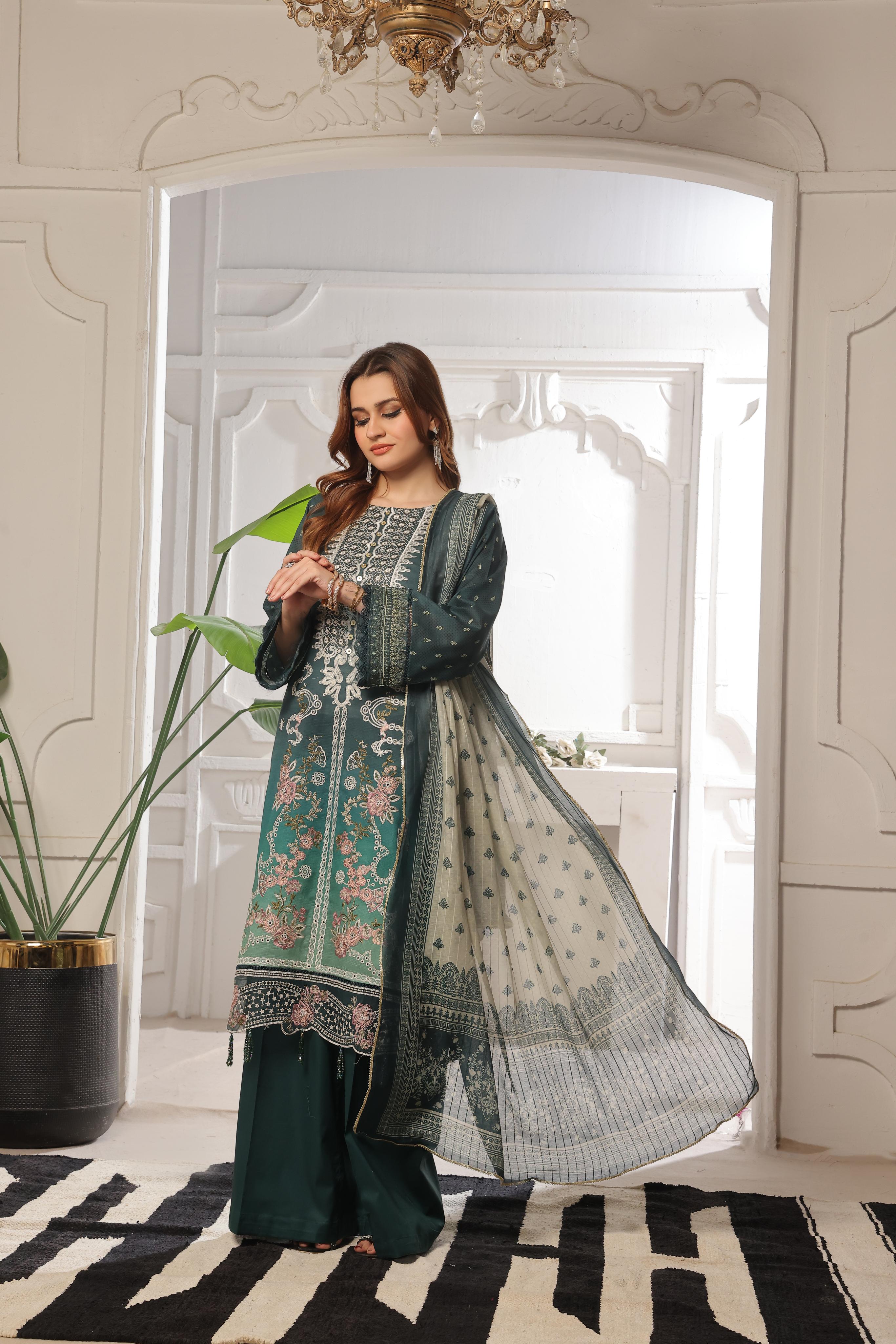 Dressline Launching New Unstitched  3 Pcs Premium Chikankari Emb Digital Printed Bana Dora Lawn Collection
