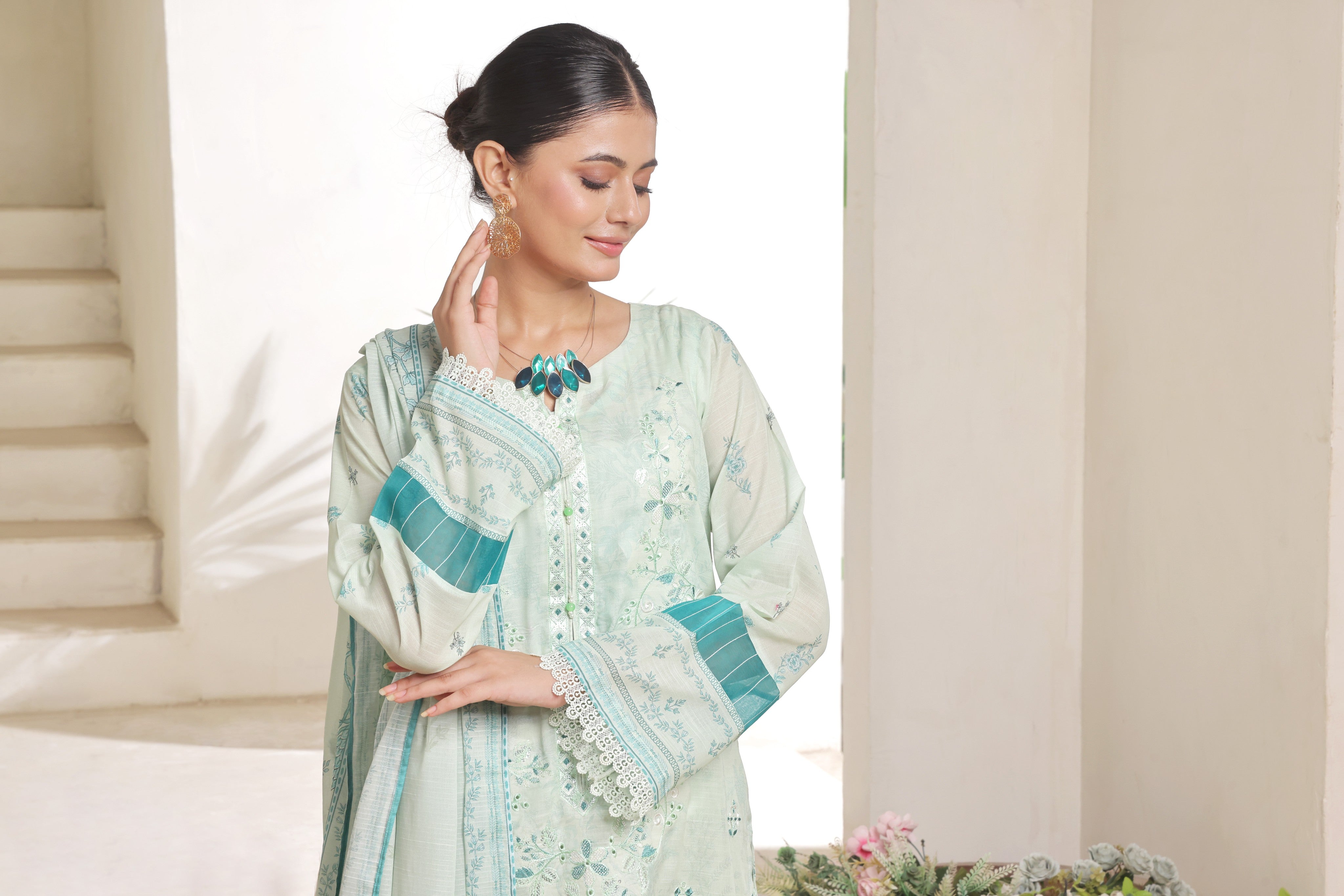 Dressline Nirmal Unstitched 3 Piece Premium Heavy Chikankari Pallu Emb Bana Dora Digital Printed Lawn Collection
