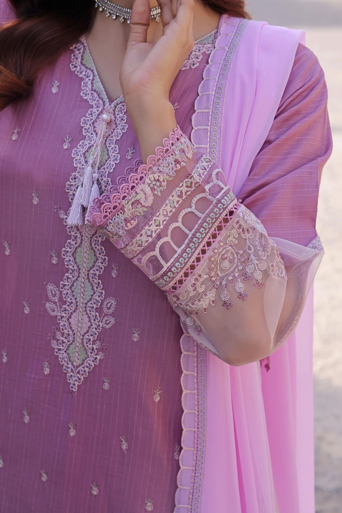 Dressline Basant Stitched Luxury Emb Banadora Lawn Collection With Chiffon Dupatta & Emb Cotton Trousers